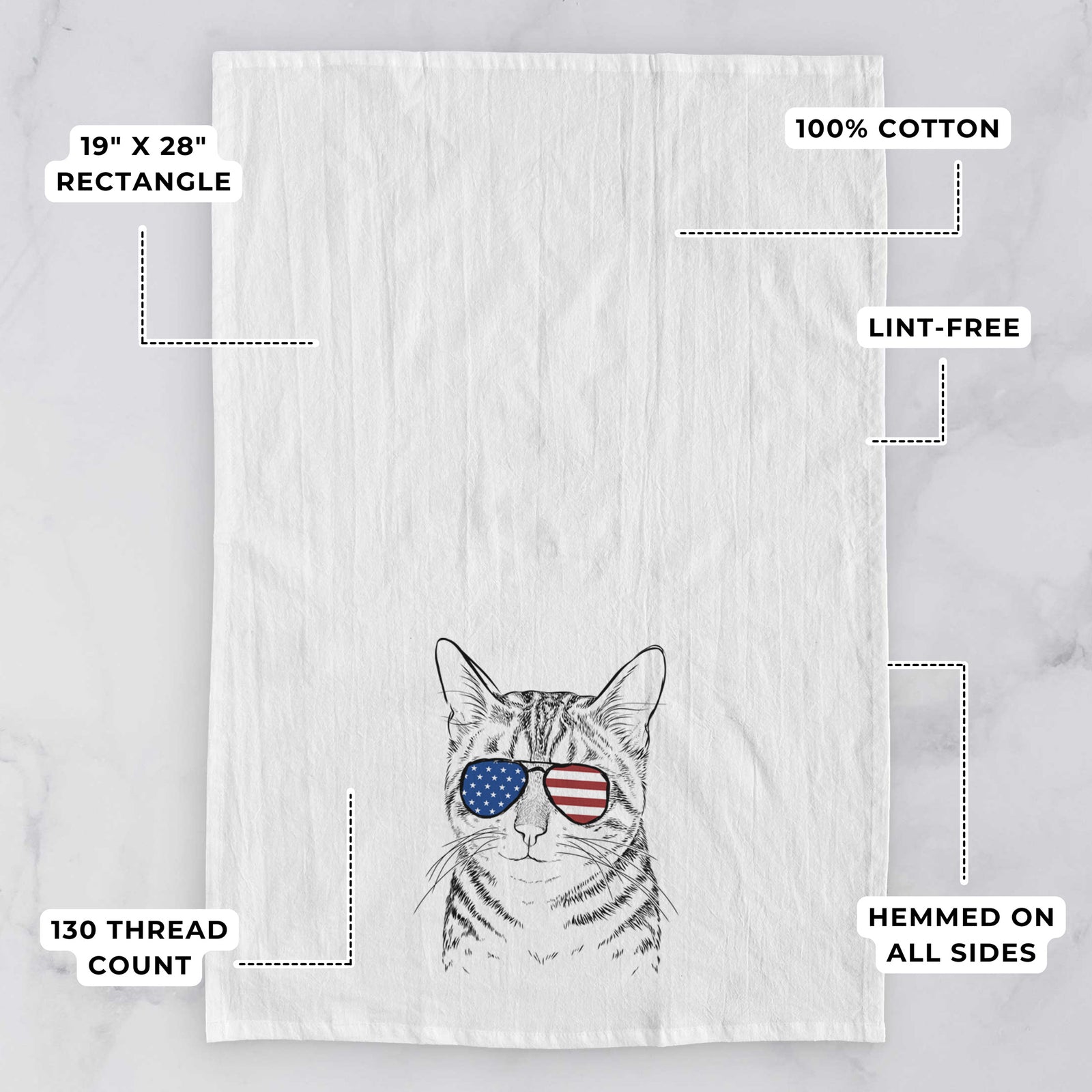 Hand-drawn sketch of Nell the Tabby Cat wearing American flag sunglasses on a tea towel, with feature callouts: 19 x 28 inch rectangle, 100% cotton, lint-free, 120 thread count, hemmed on all sides
