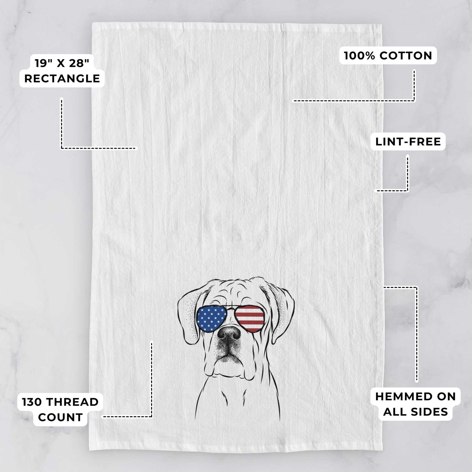 Hand-drawn sketch of Nelly the Boxer wearing American flag sunglasses on a tea towel, with feature callouts: 19 x 28 inch rectangle, 100% cotton, lint-free, 120 thread count, hemmed on all sides