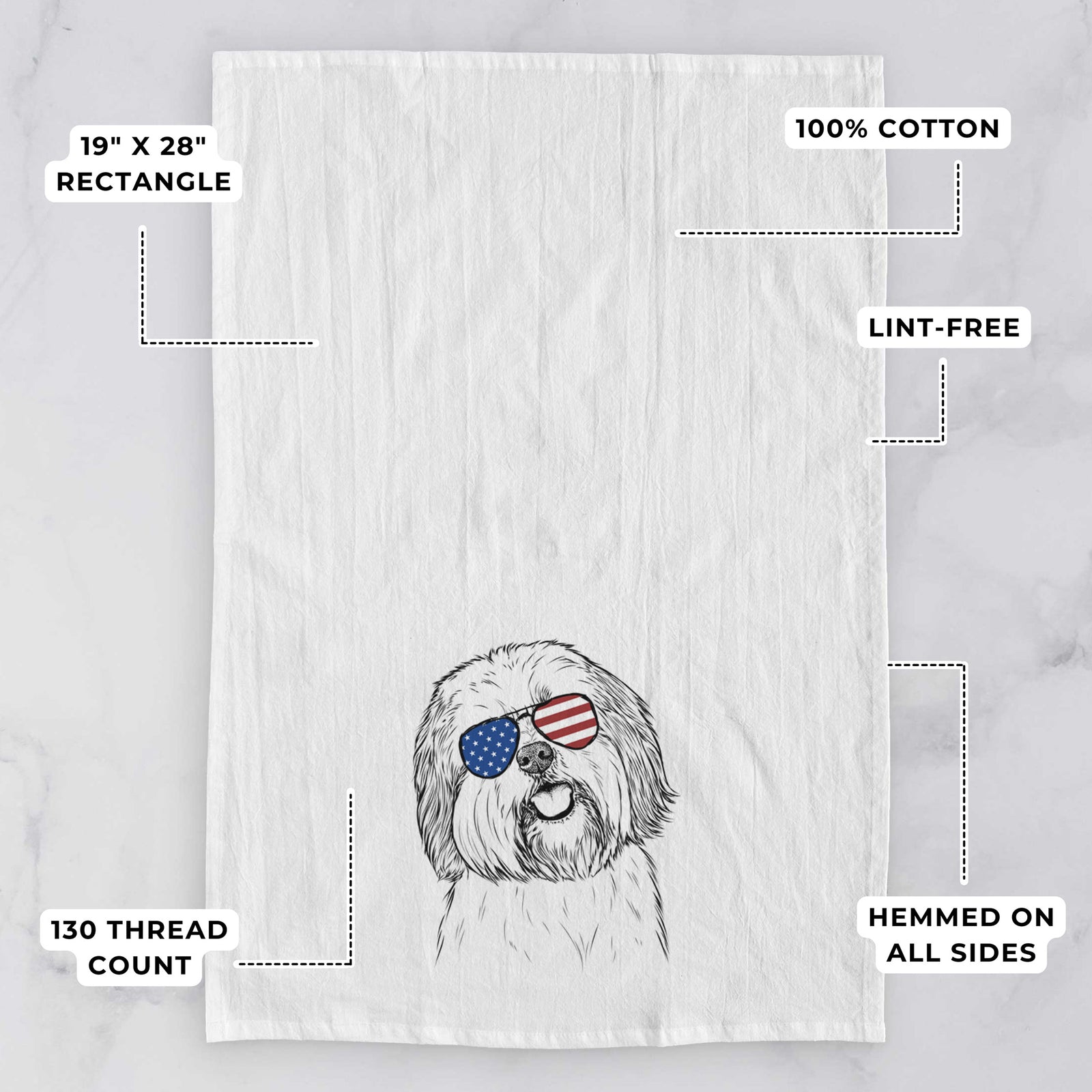 Hand-drawn sketch of Nikka the Lowchen wearing American flag sunglasses on a tea towel, with feature callouts: 19 x 28 inch rectangle, 100% cotton, lint-free, 120 thread count, hemmed on all sides