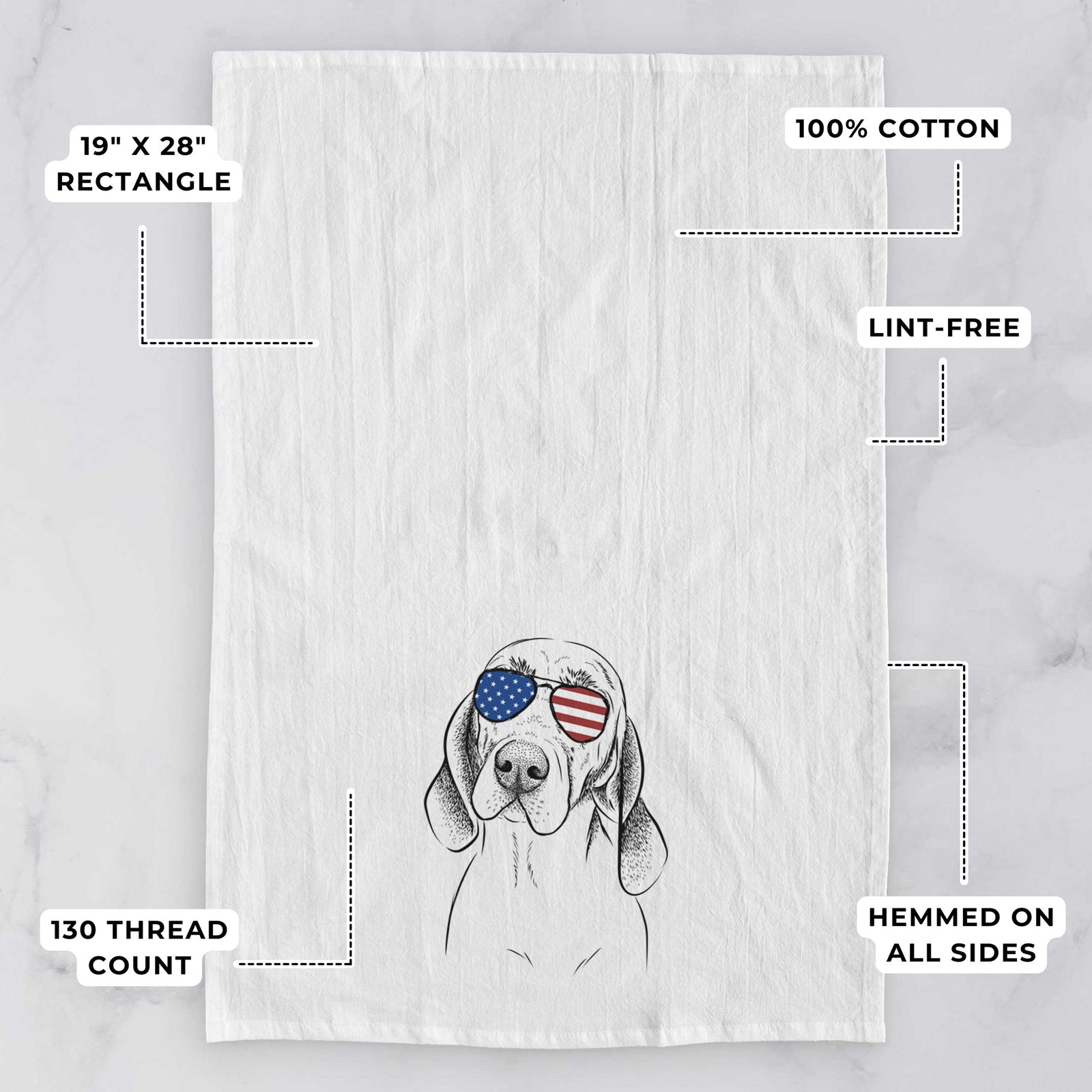 Hand-drawn sketch of Norman the Plott Hound wearing American flag sunglasses on a tea towel, with feature callouts: 19 x 28 inch rectangle, 100% cotton, lint-free, 120 thread count, hemmed on all sides