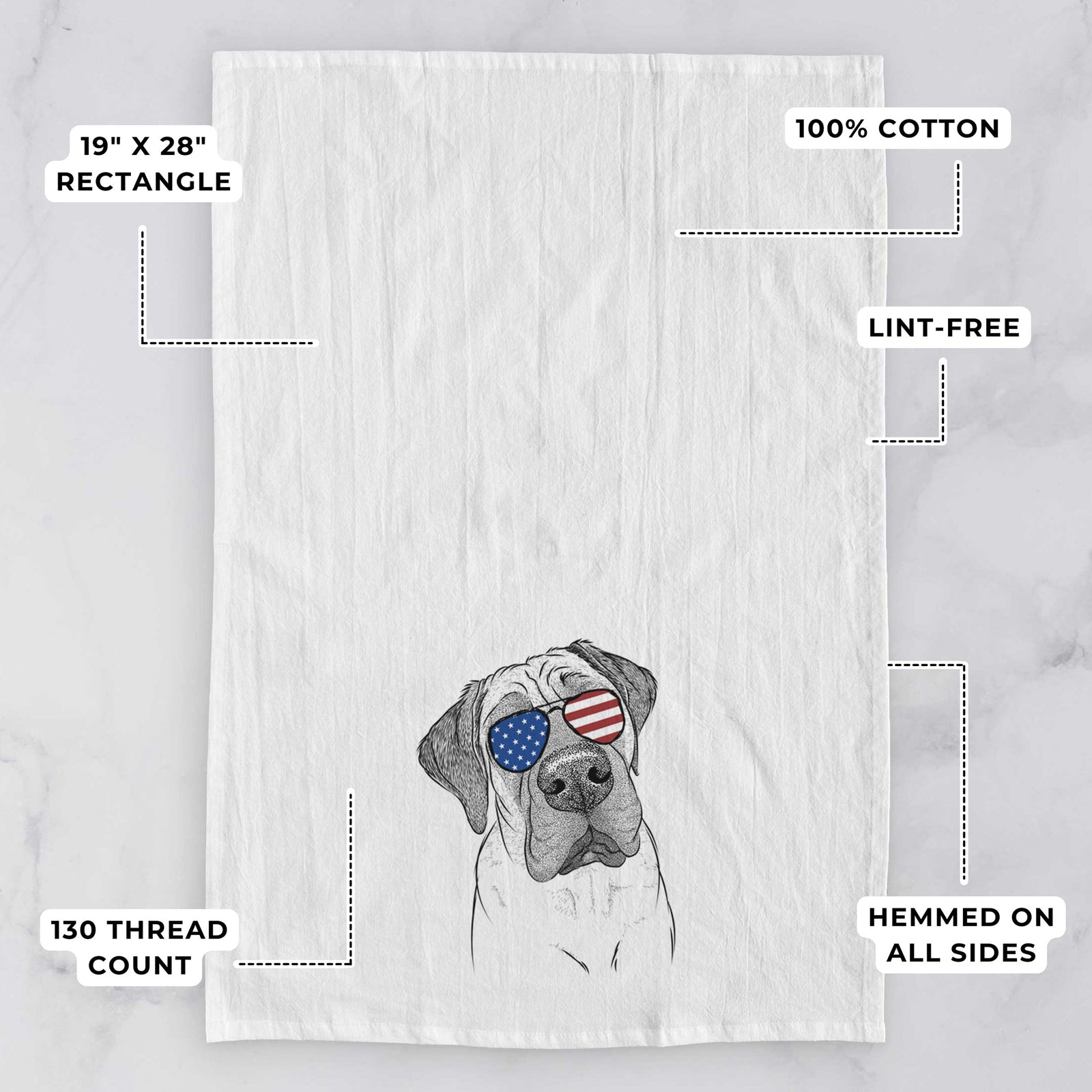 Hand-drawn sketch of Nutterbutter the English Mastiff wearing American flag sunglasses on a tea towel, with feature callouts: 19 x 28 inch rectangle, 100% cotton, lint-free, 120 thread count, hemmed on all sides