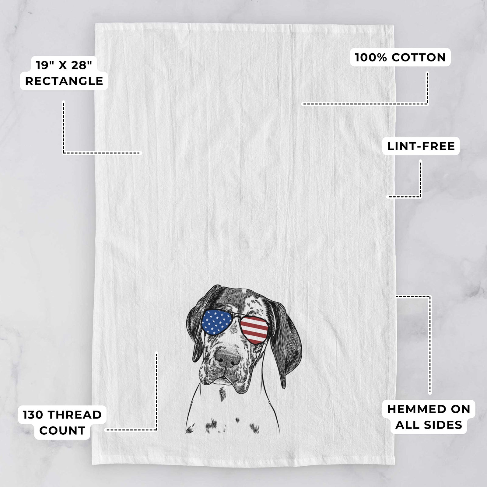 Hand-drawn sketch of Nyx the Great Dane wearing American flag sunglasses on a tea towel, with feature callouts: 19 x 28 inch rectangle, 100% cotton, lint-free, 120 thread count, hemmed on all sides