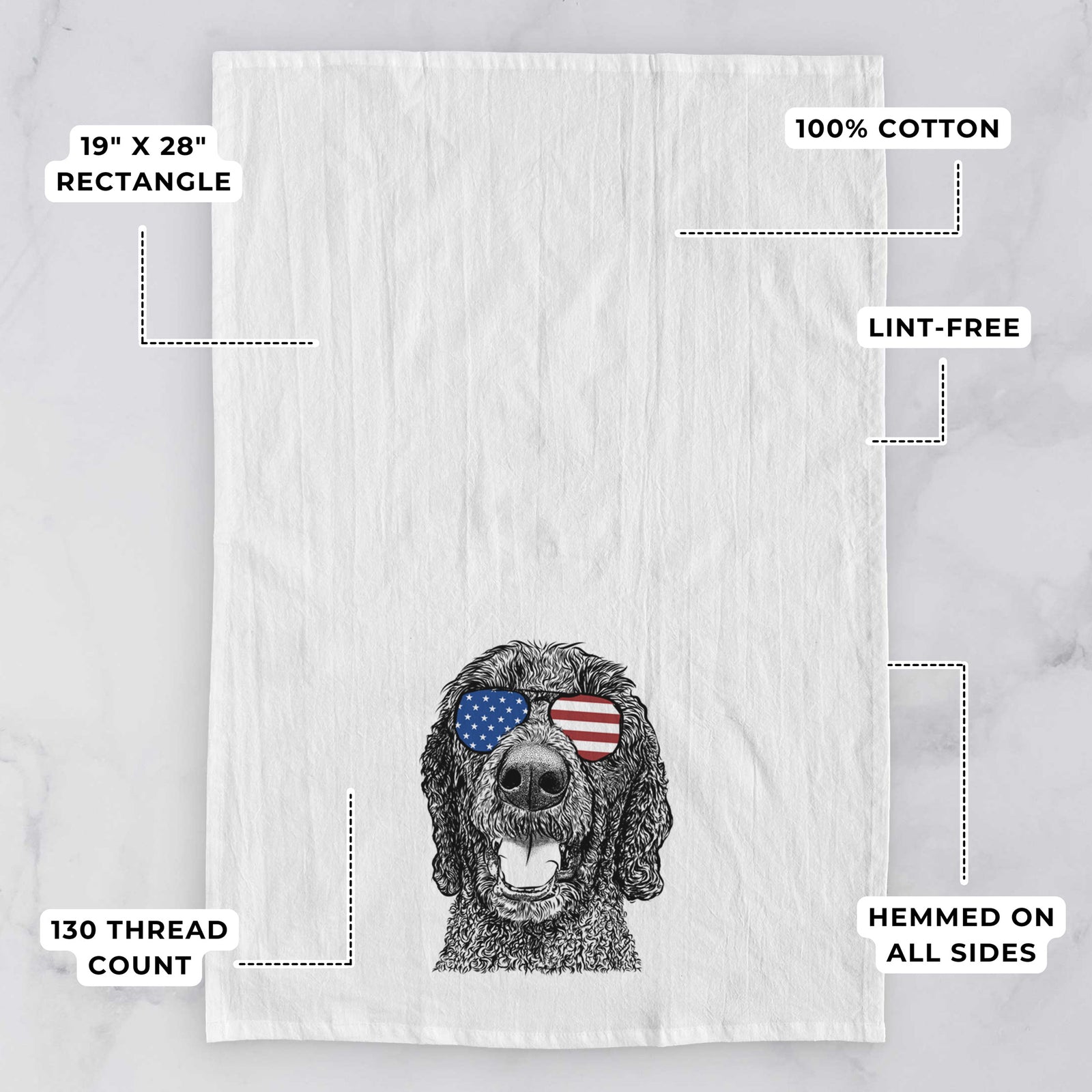 Hand-drawn sketch of Obi James the Goldendoodle wearing American flag sunglasses on a tea towel, with feature callouts: 19 x 28 inch rectangle, 100% cotton, lint-free, 120 thread count, hemmed on all sides