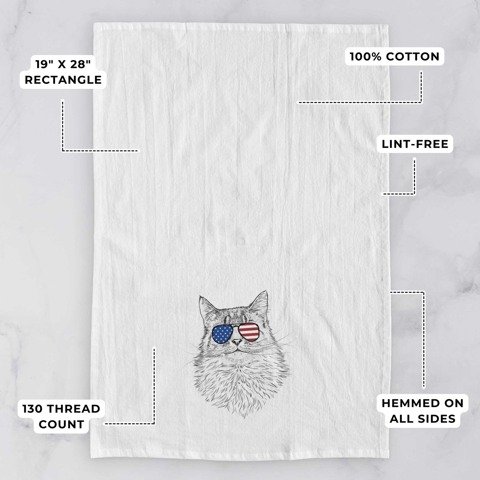 Hand-drawn sketch of Olive the Cat wearing American flag sunglasses on a tea towel, with feature callouts: 19 x 28 inch rectangle, 100% cotton, lint-free, 120 thread count, hemmed on all sides