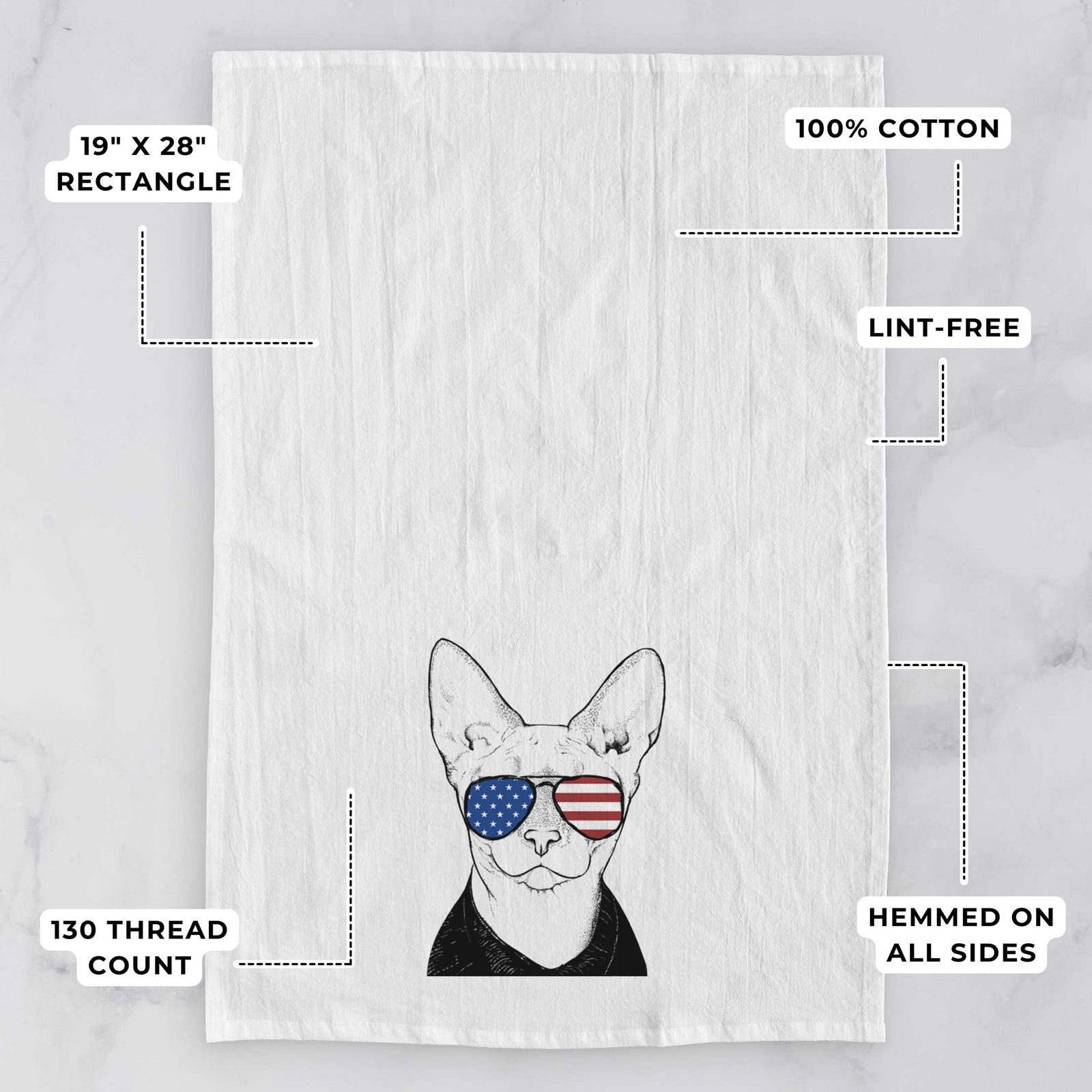 Hand-drawn sketch of Oliver Watson the Sphynx Cat wearing American flag sunglasses on a tea towel, with feature callouts: 19 x 28 inch rectangle, 100% cotton, lint-free, 120 thread count, hemmed on all sides