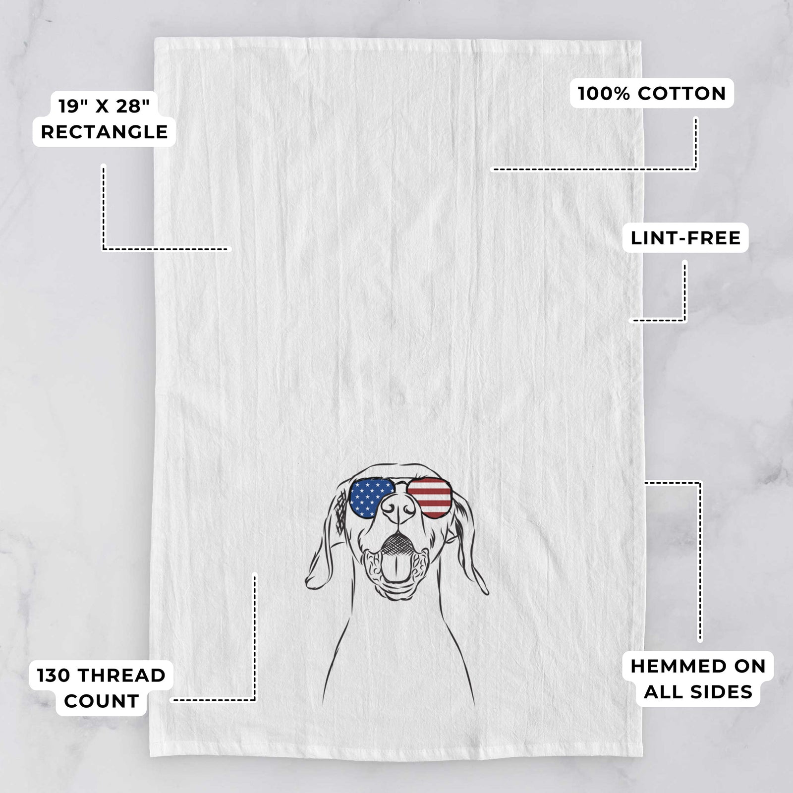 Hand-drawn sketch of Ollie the Vizsla wearing American flag sunglasses on a tea towel, with feature callouts: 19 x 28 inch rectangle, 100% cotton, lint-free, 120 thread count, hemmed on all sides
