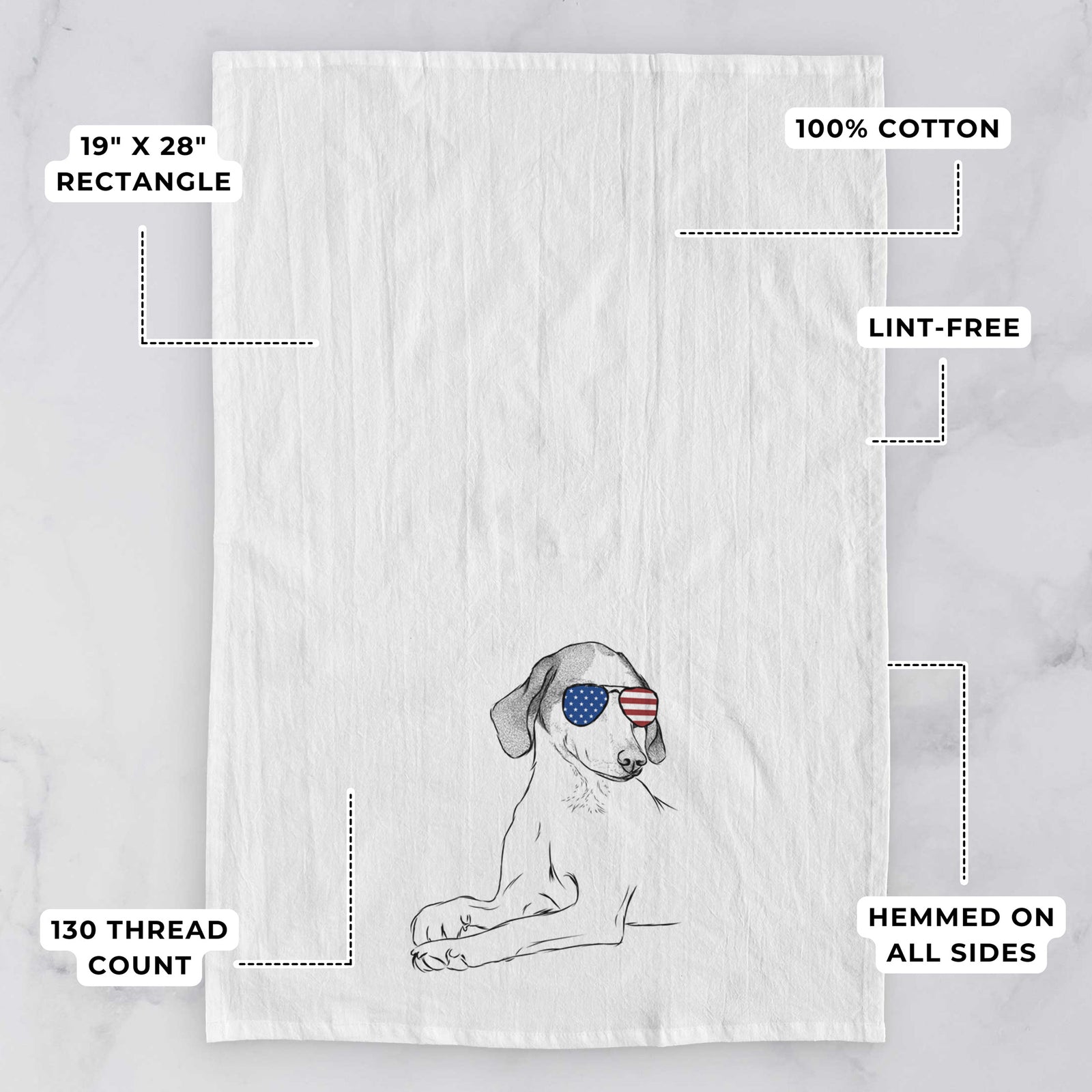 Hand-drawn sketch of Opie the Foxhound wearing American flag sunglasses on a tea towel, with feature callouts: 19 x 28 inch rectangle, 100% cotton, lint-free, 120 thread count, hemmed on all sides