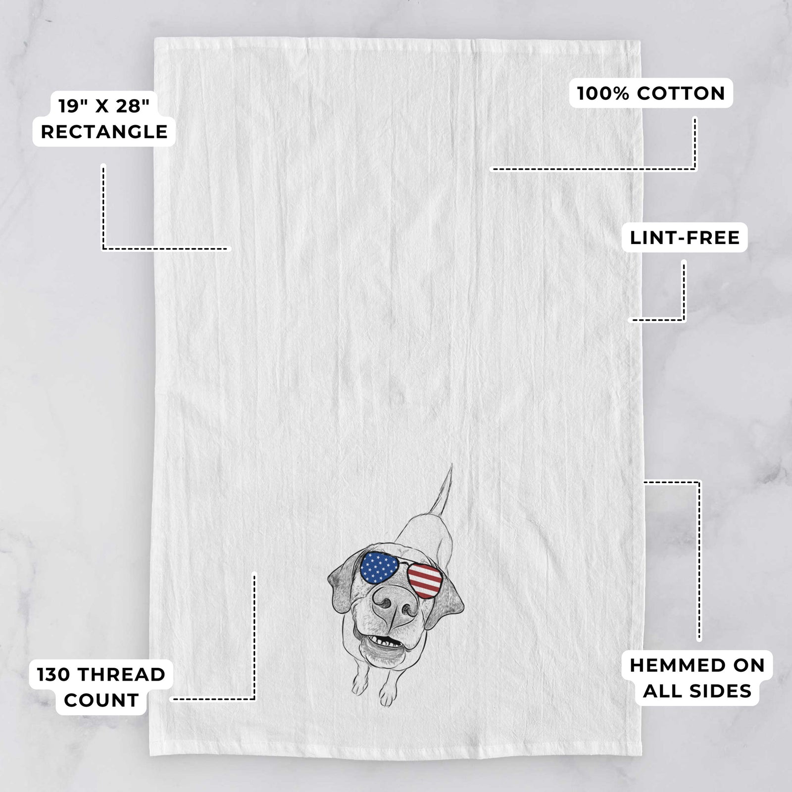 Hand-drawn sketch of Oquirrh the Vizsla wearing American flag sunglasses on a tea towel, with feature callouts: 19 x 28 inch rectangle, 100% cotton, lint-free, 120 thread count, hemmed on all sides