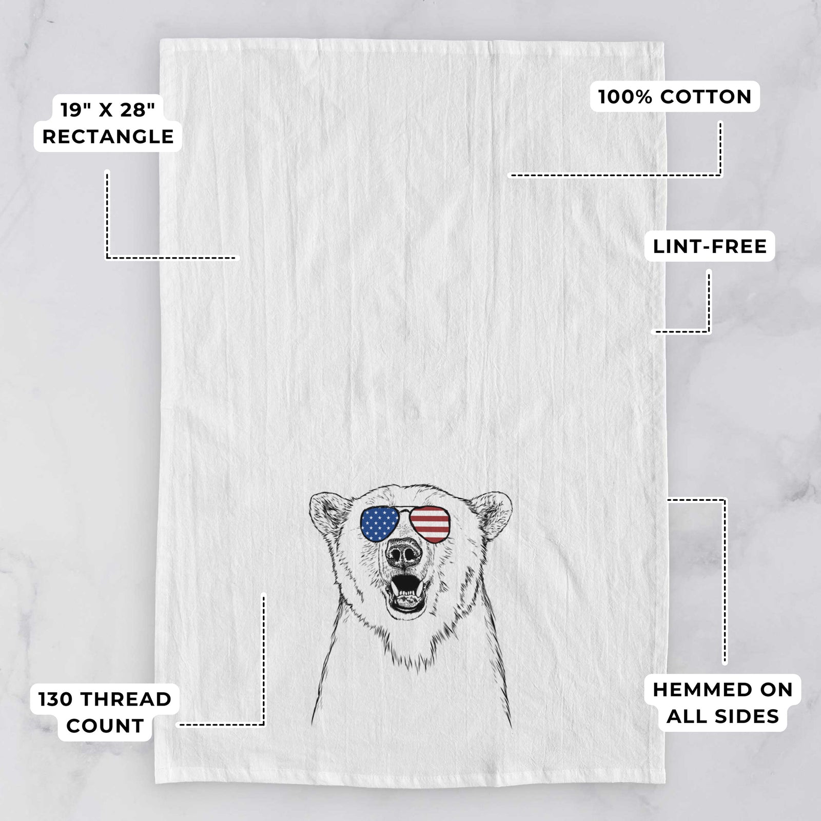 Hand-drawn sketch of Oslo the Polar Bear wearing American flag sunglasses on a tea towel, with feature callouts: 19 x 28 inch rectangle, 100% cotton, lint-free, 120 thread count, hemmed on all sides