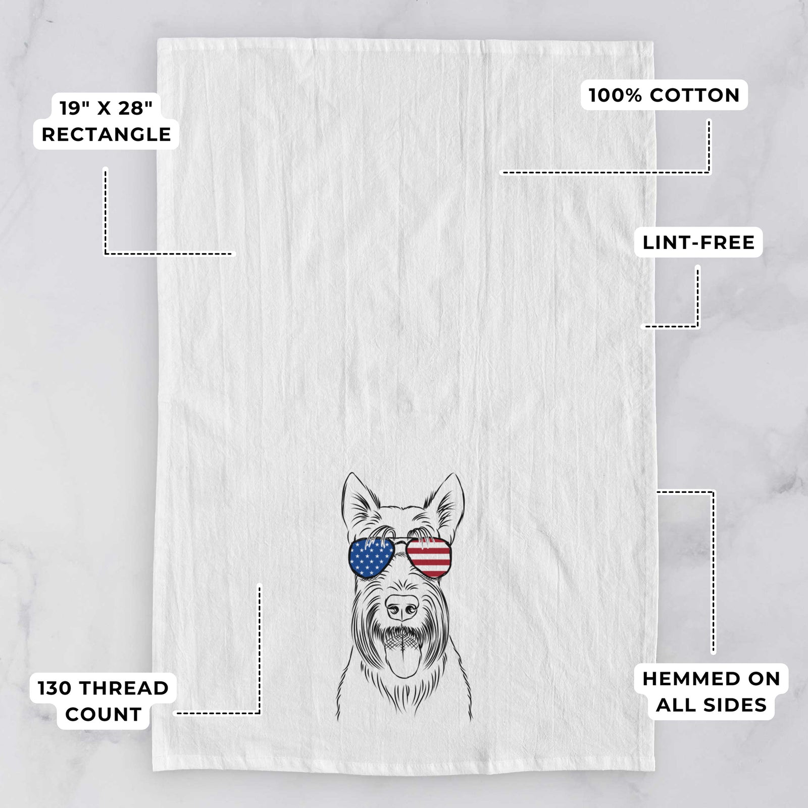 Hand-drawn sketch of Oswald the Scottish Terrier wearing American flag sunglasses on a tea towel, with feature callouts: 19 x 28 inch rectangle, 100% cotton, lint-free, 120 thread count, hemmed on all sides
