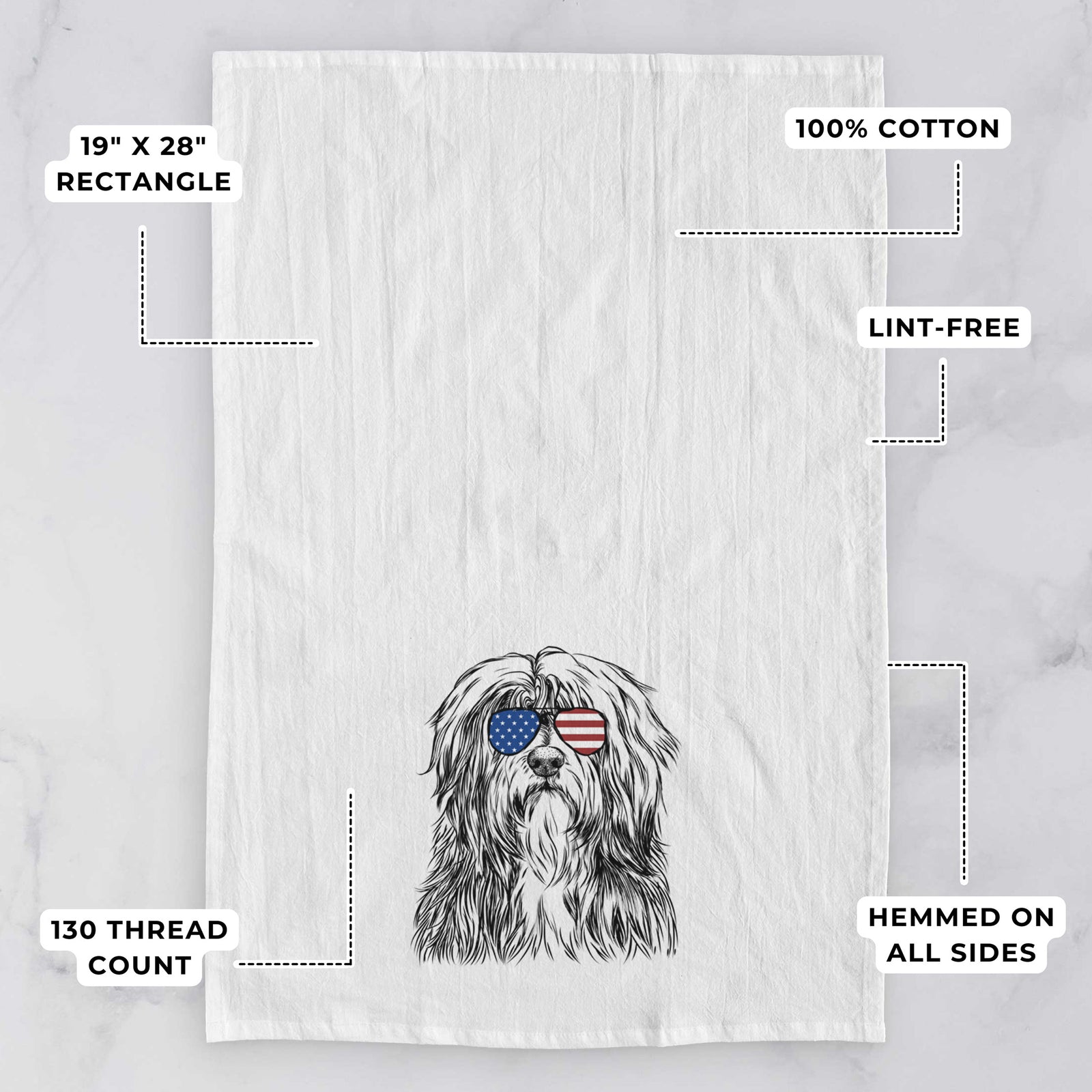 Hand-drawn sketch of Otto the Polish Lowland Sheepdog wearing American flag sunglasses on a tea towel, with feature callouts: 19 x 28 inch rectangle, 100% cotton, lint-free, 120 thread count, hemmed on all sides