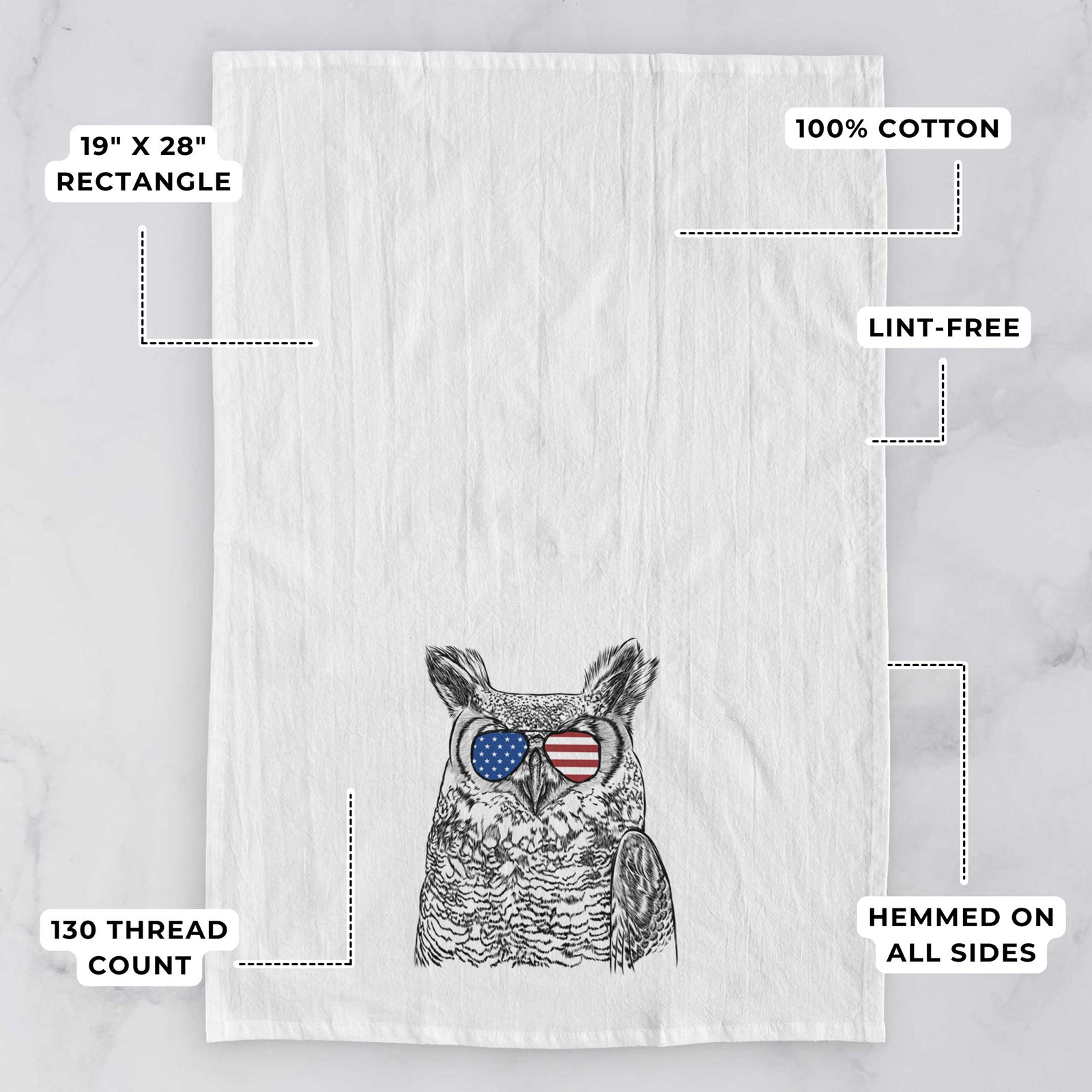 Hand-drawn sketch of Ozwald the Grey Horned Owl wearing American flag sunglasses on a tea towel, with feature callouts: 19 x 28 inch rectangle, 100% cotton, lint-free, 120 thread count, hemmed on all sides