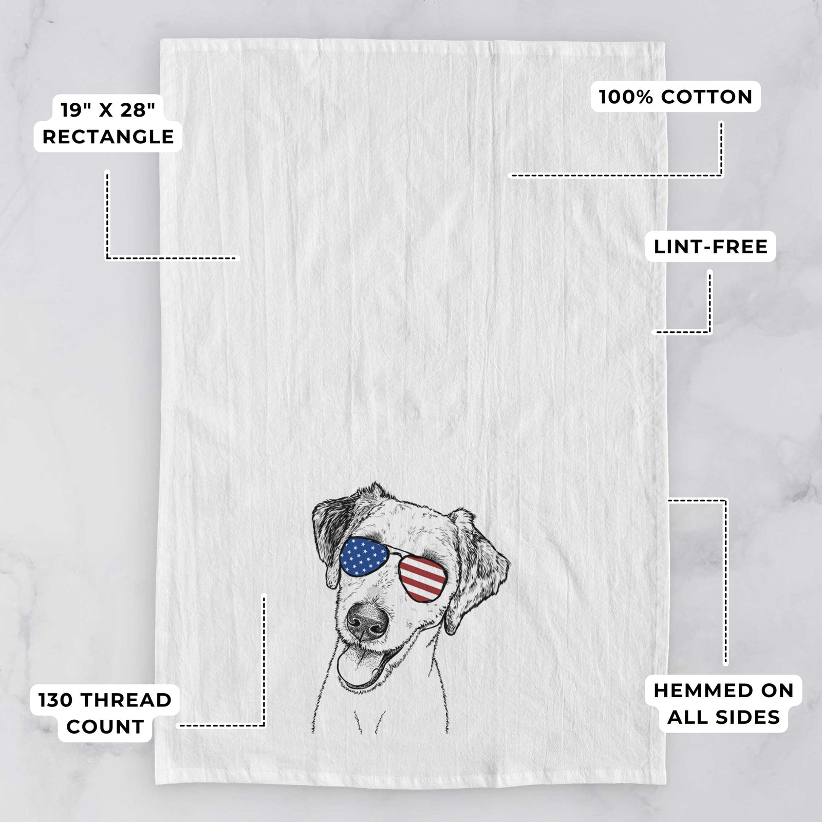 Hand-drawn sketch of Palm Palm the Aussiedoodle wearing American flag sunglasses on a tea towel, with feature callouts: 19 x 28 inch rectangle, 100% cotton, lint-free, 120 thread count, hemmed on all sides