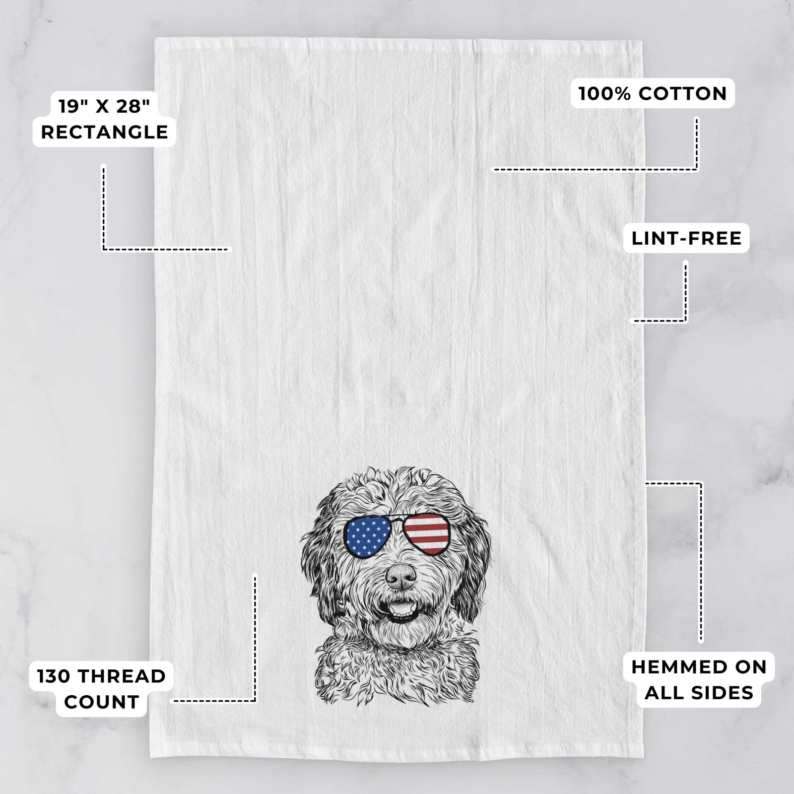 Hand-drawn sketch of Palmer the Aussiedoodle wearing American flag sunglasses on a tea towel, with feature callouts: 19 x 28 inch rectangle, 100% cotton, lint-free, 120 thread count, hemmed on all sides