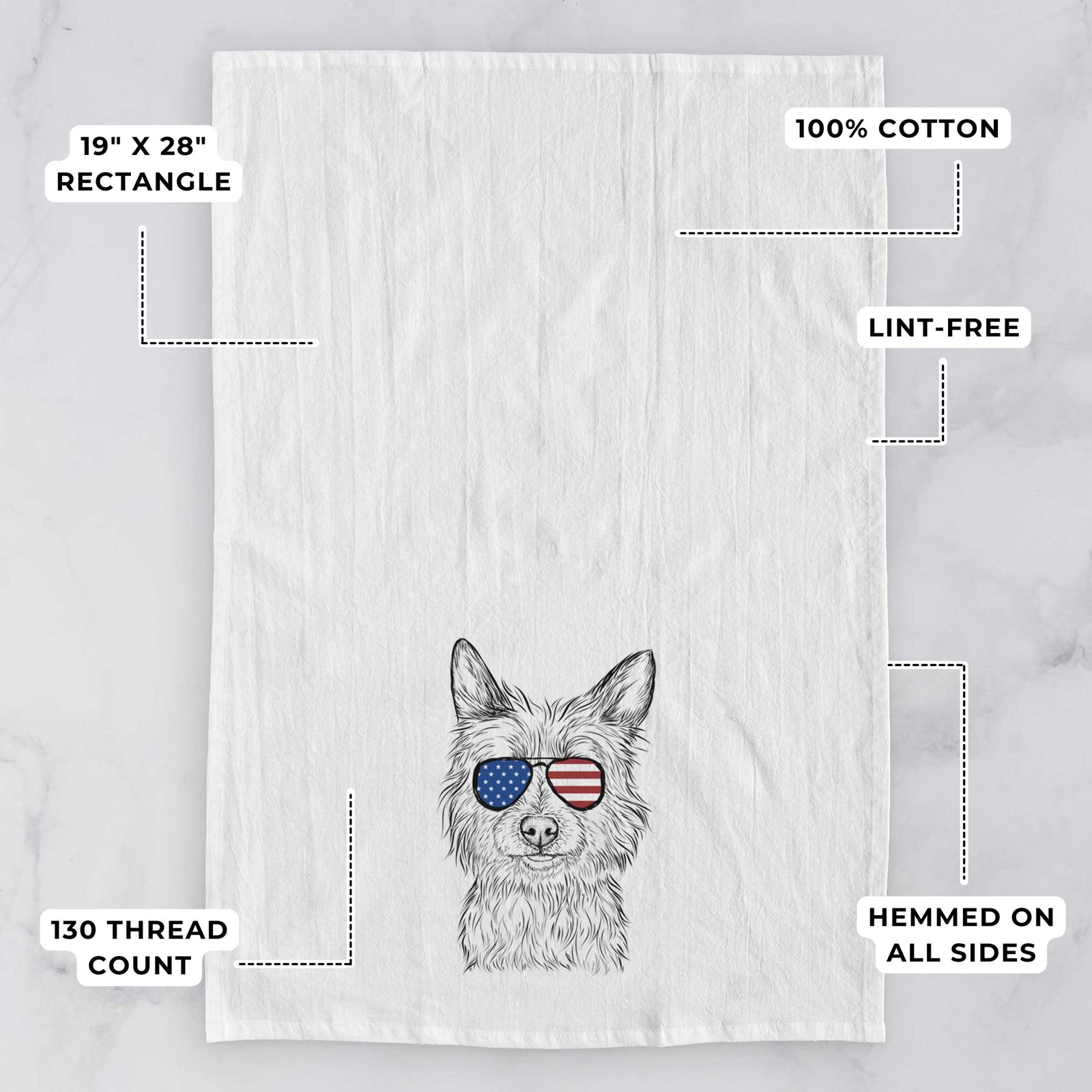 Hand-drawn sketch of Paulo the Portuguese Podengo wearing American flag sunglasses on a tea towel, with feature callouts: 19 x 28 inch rectangle, 100% cotton, lint-free, 120 thread count, hemmed on all sides