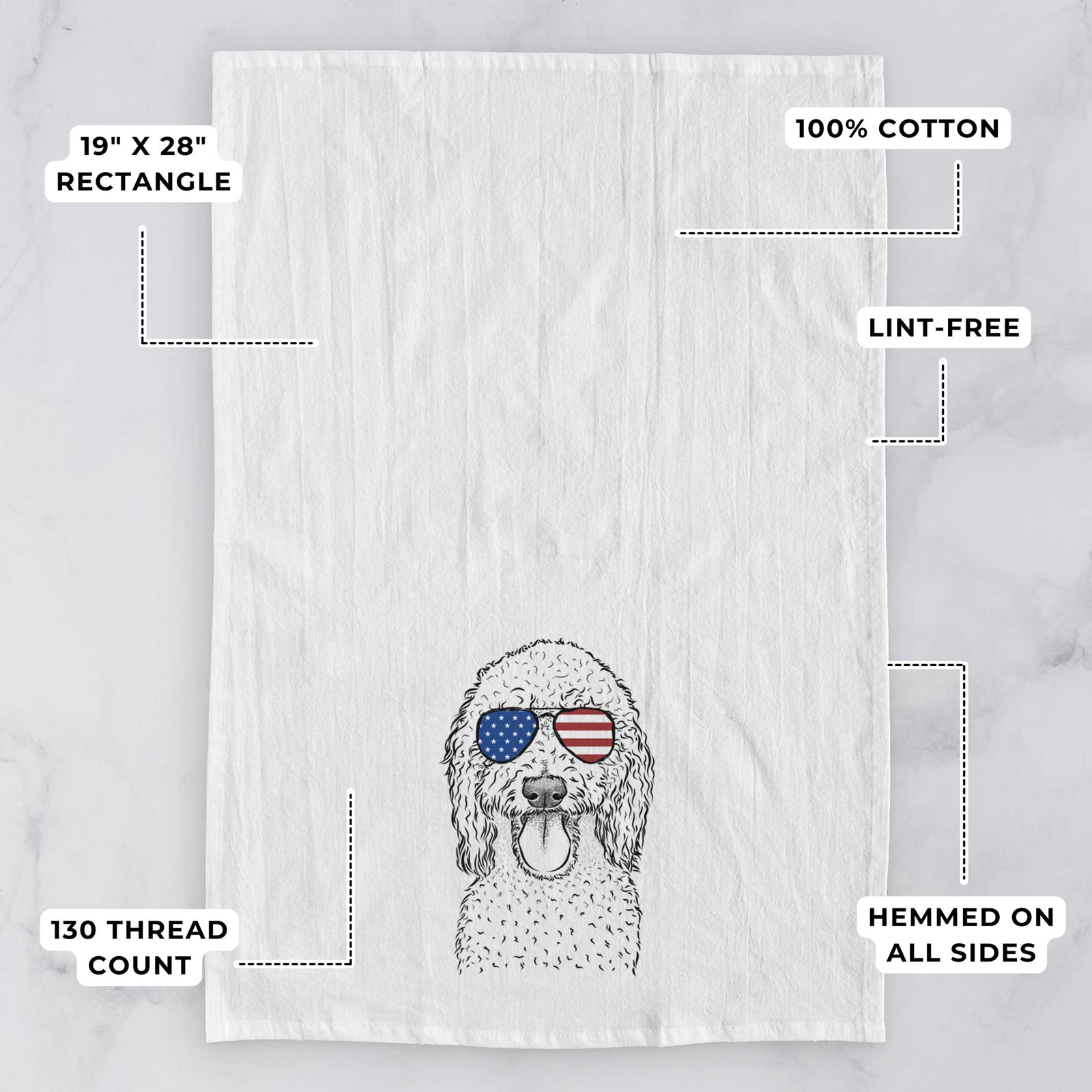 Hand-drawn sketch of Pavlov the Goldendoodle wearing American flag sunglasses on a tea towel, with feature callouts: 19 x 28 inch rectangle, 100% cotton, lint-free, 120 thread count, hemmed on all sides