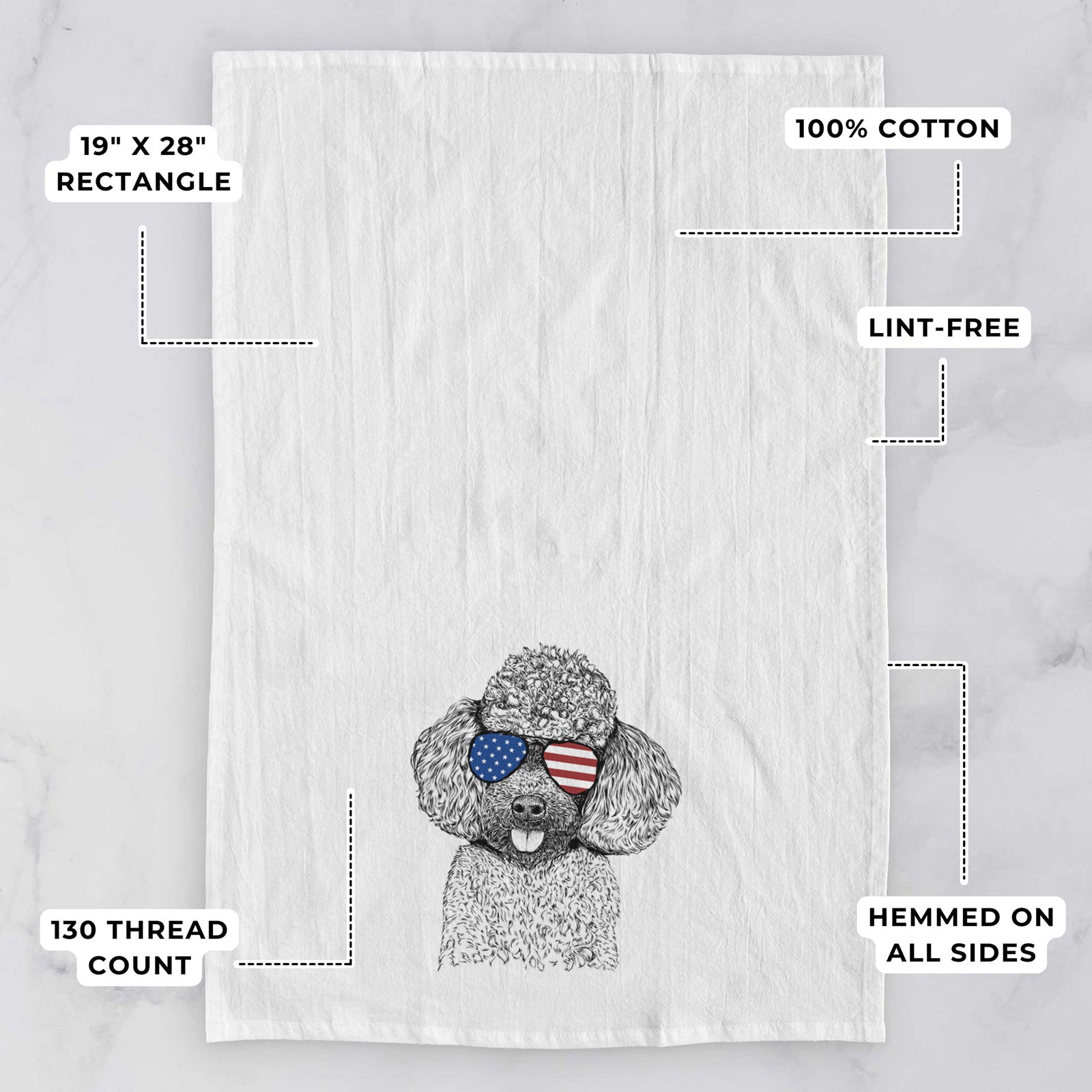 Hand-drawn sketch of George the Toy Poodle wearing American flag sunglasses on a tea towel, with feature callouts: 19 x 28 inch rectangle, 100% cotton, lint-free, 120 thread count, hemmed on all sides