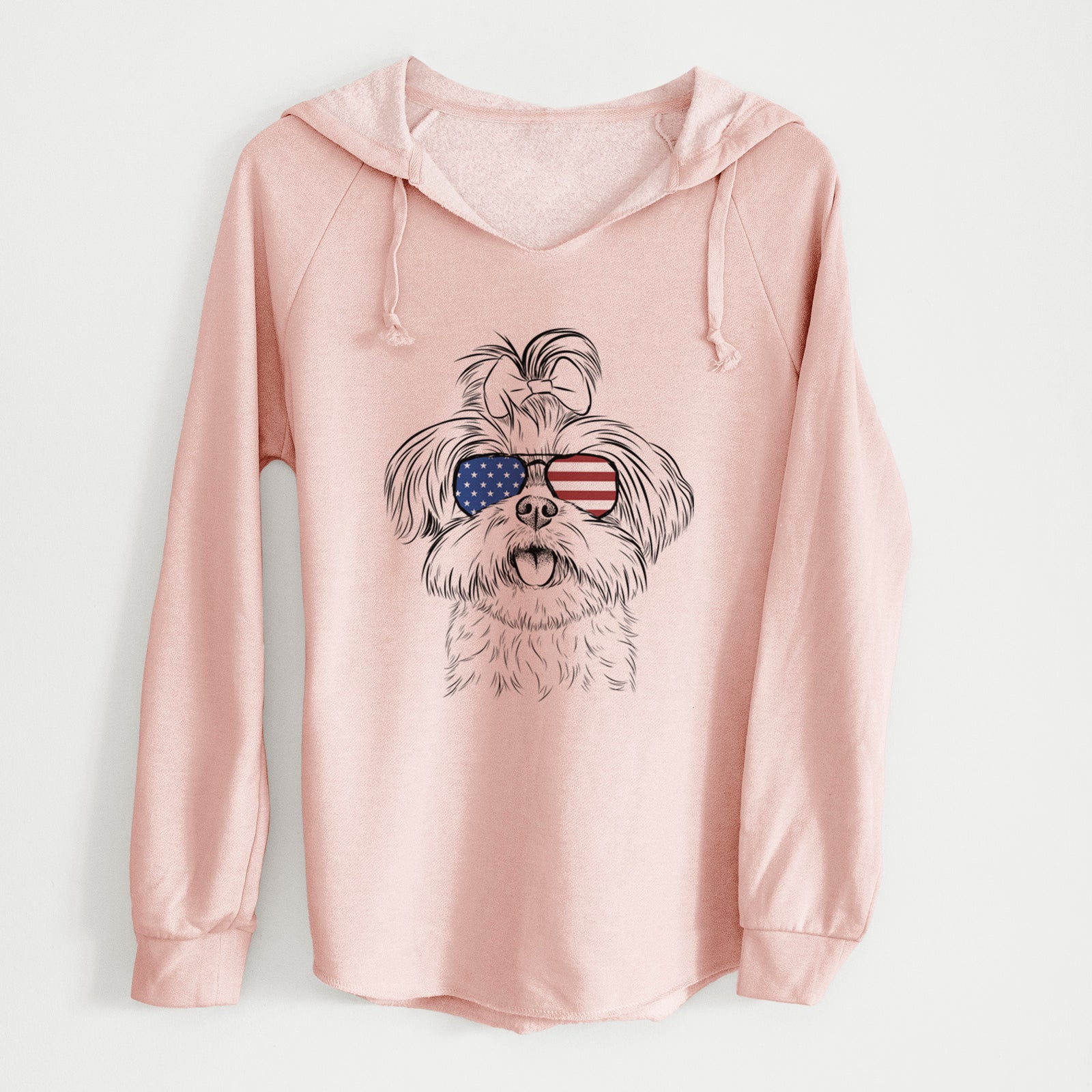 Hand-drawn sketch of Pebbles the Shorkie wearing American flag sunglasses on a Blush Cali Wave Hooded Sweatshirt