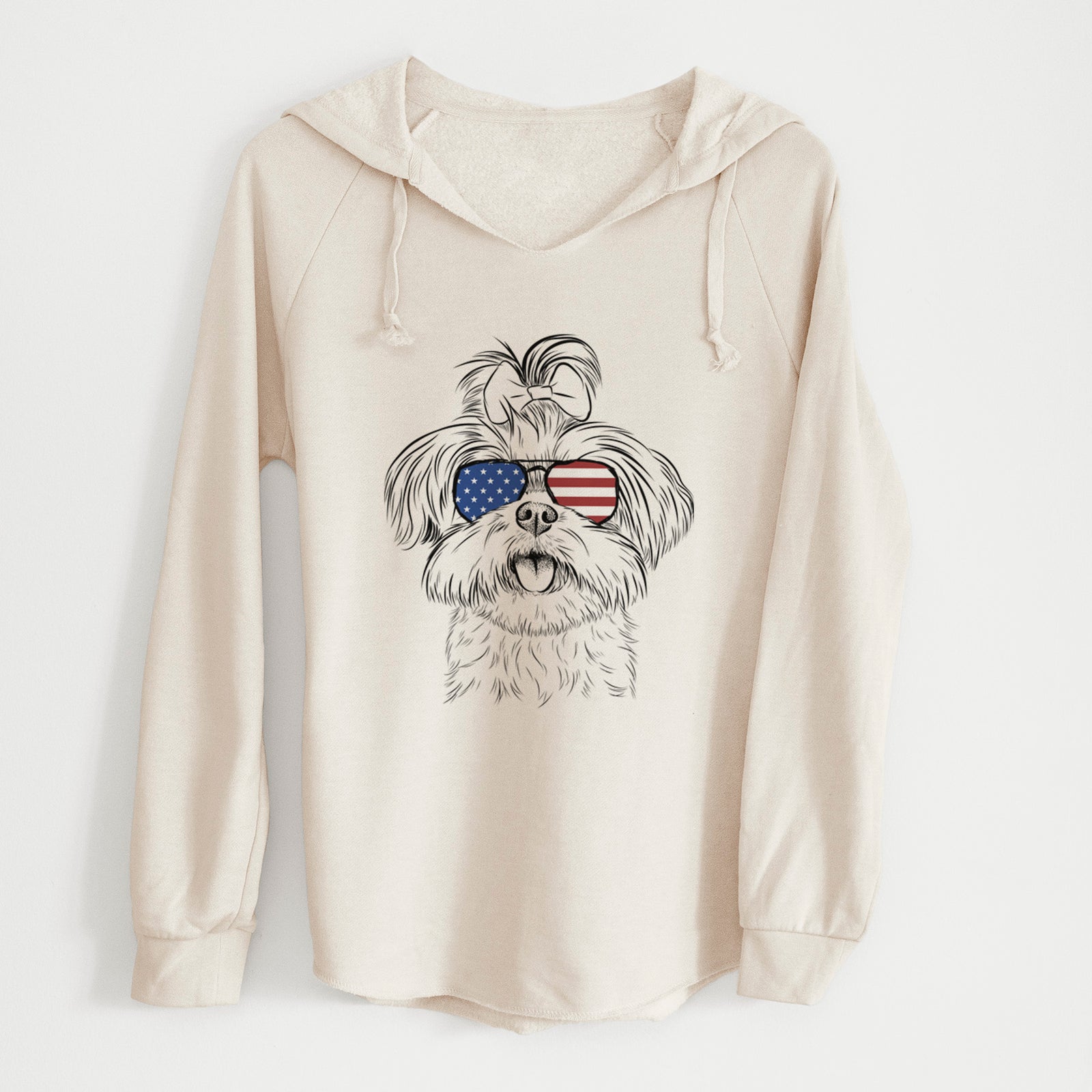 Hand-drawn sketch of Pebbles the Shorkie wearing American flag sunglasses on a Bone Cali Wave Hooded Sweatshirt