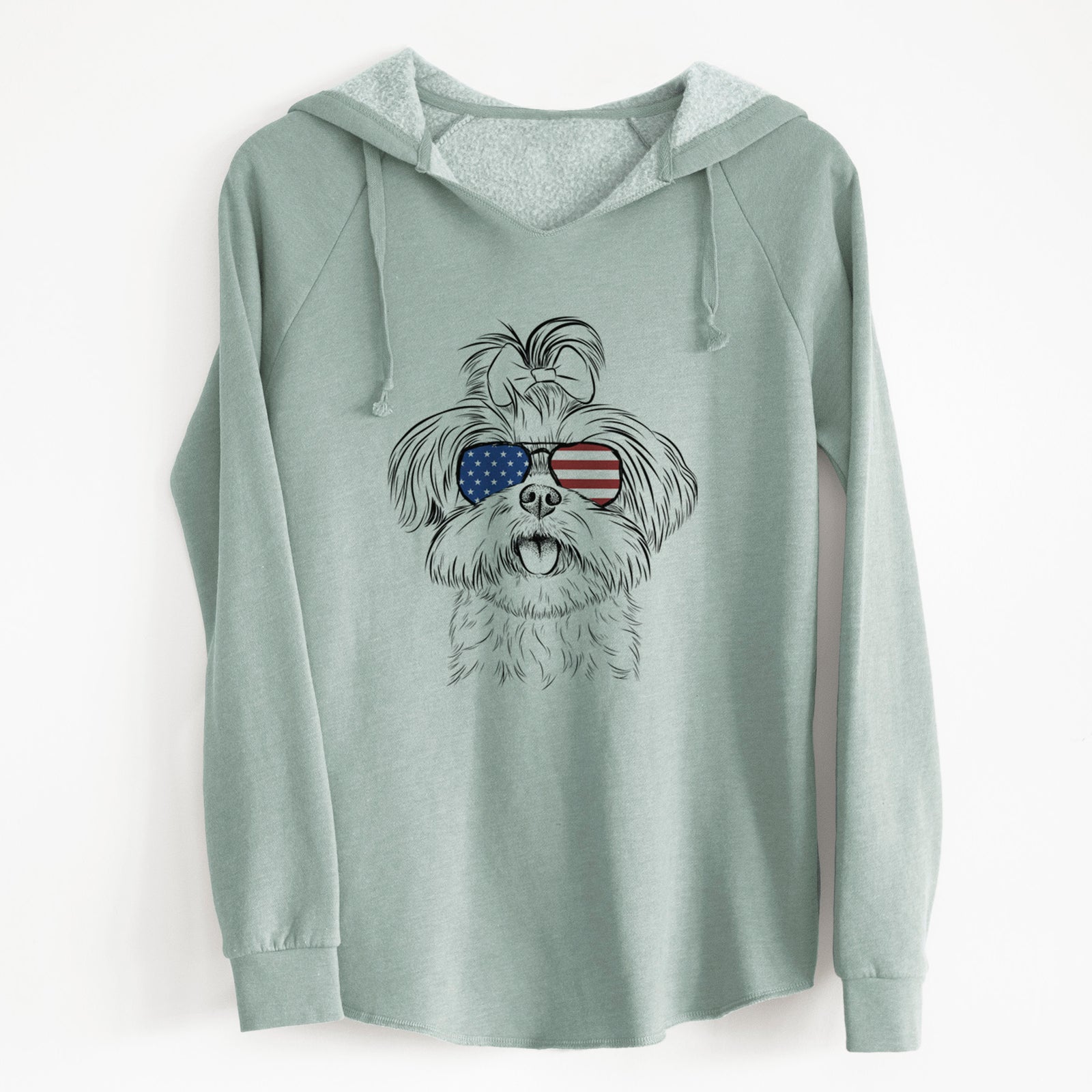 Hand-drawn sketch of Pebbles the Shorkie wearing American flag sunglasses on a Sage Cali Wave Hooded Sweatshirt