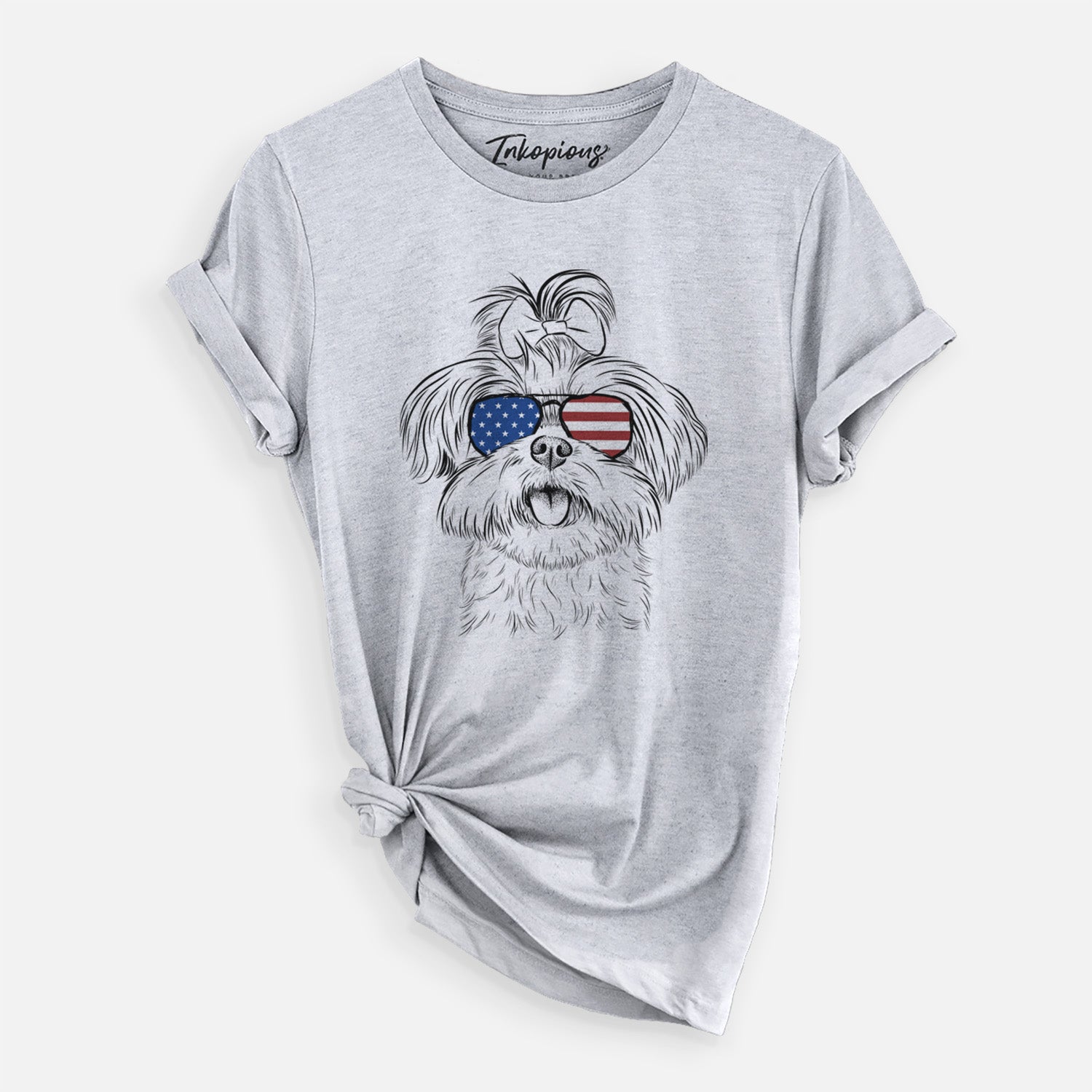 Hand-drawn sketch of Pebbles the Shorkie wearing American flag sunglasses on a Grey Unisex crewneck
