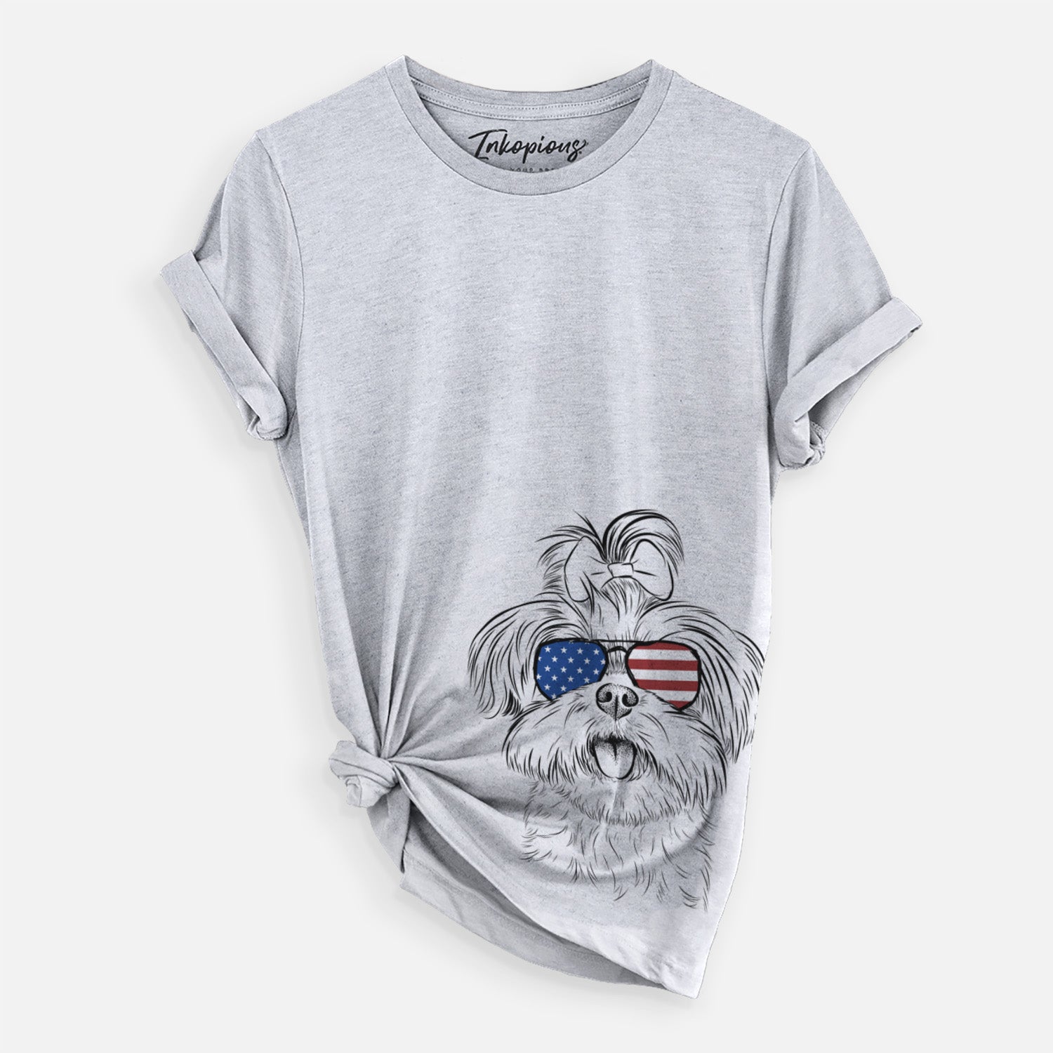 Hand-drawn sketch of Pebbles the Shorkie wearing American flag sunglasses on a Grey Unisex crewneck