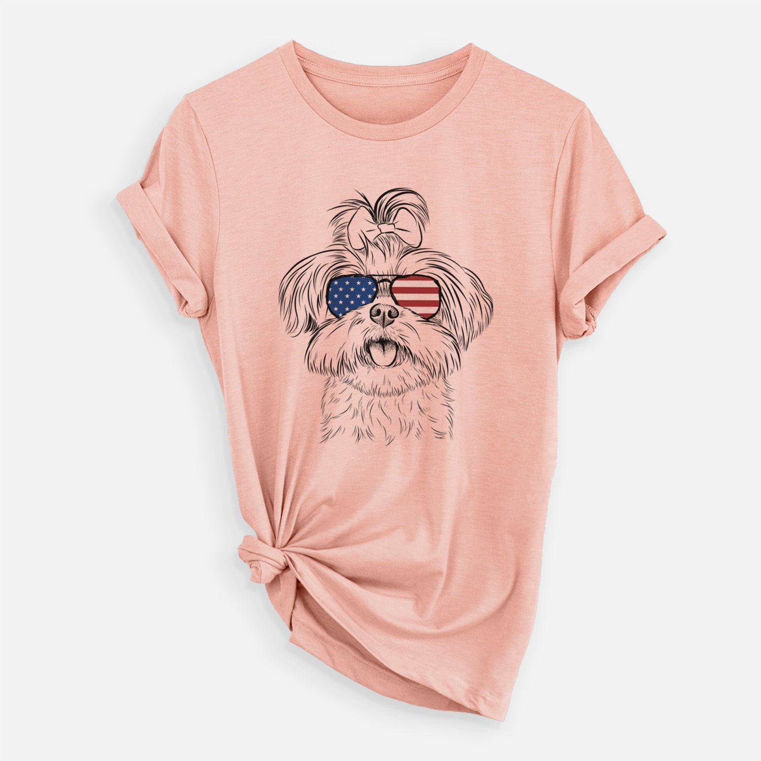 Hand-drawn sketch of Pebbles the Shorkie wearing American flag sunglasses on a Peach Unisex crewneck