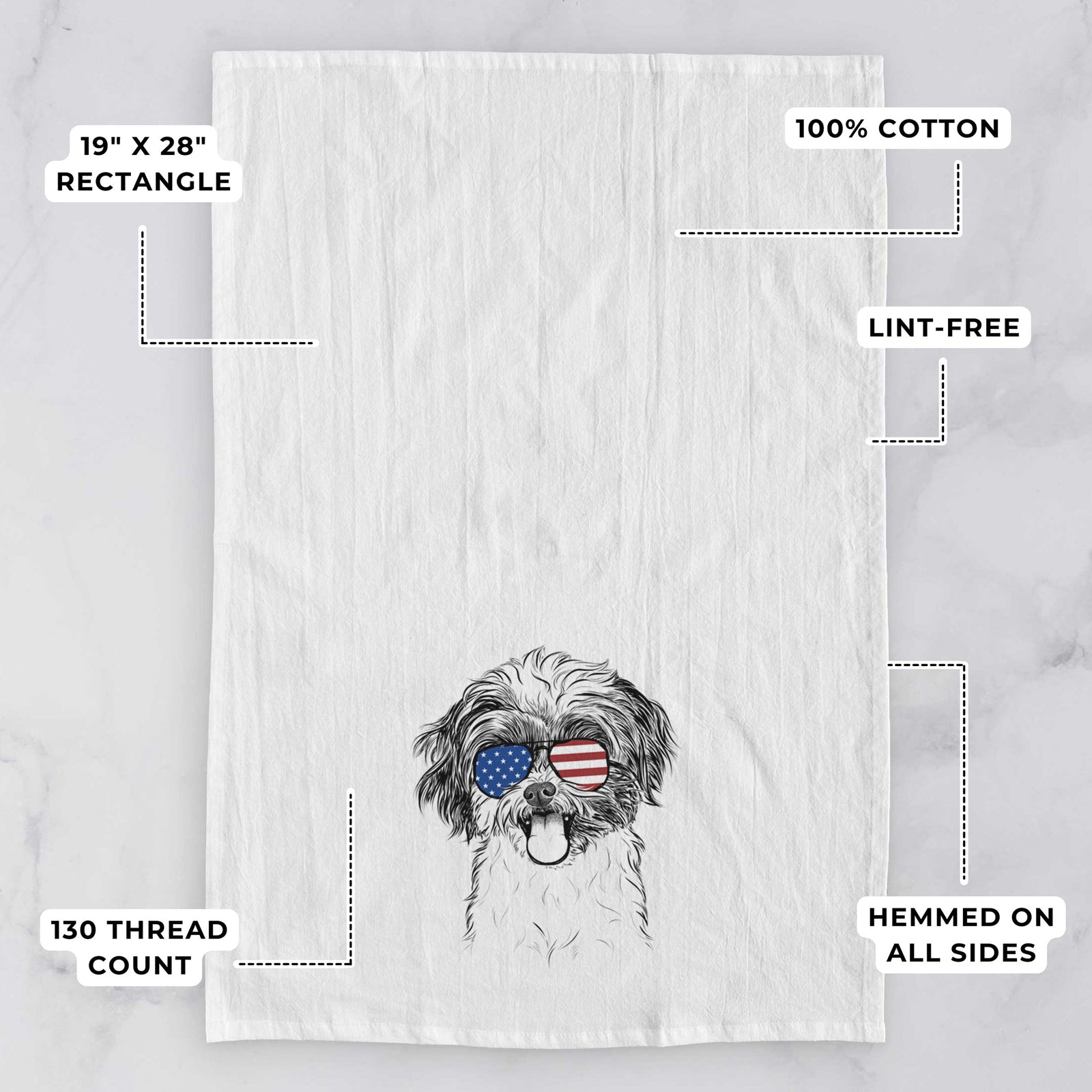 Hand-drawn sketch of Pepper the Shihpoo wearing American flag sunglasses on a tea towel, with feature callouts: 19 x 28 inch rectangle, 100% cotton, lint-free, 120 thread count, hemmed on all sides