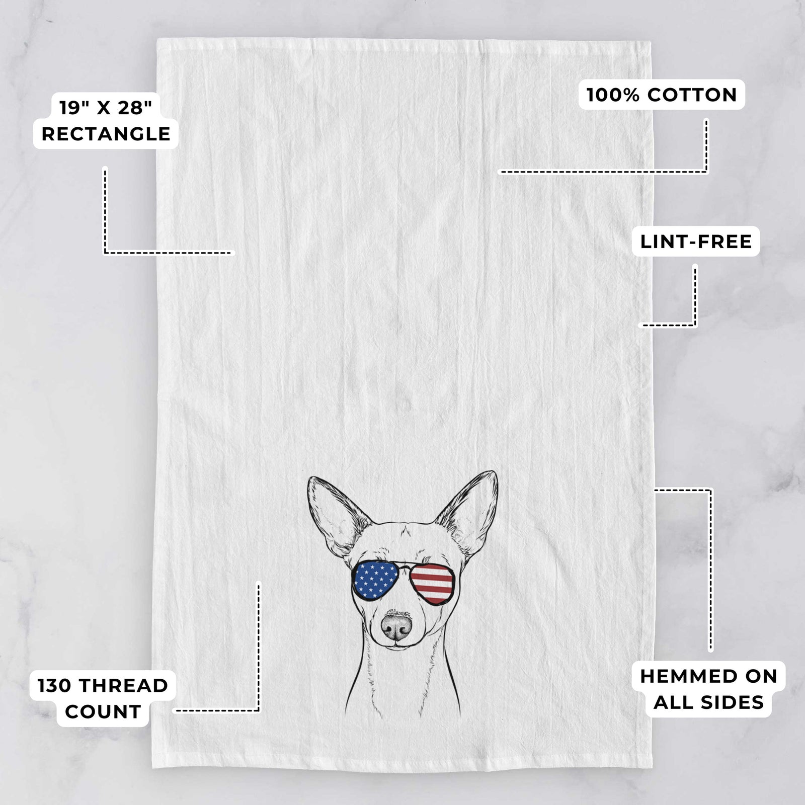 Hand-drawn sketch of Perry the Portuguese Podengo wearing American flag sunglasses on a tea towel, with feature callouts: 19 x 28 inch rectangle, 100% cotton, lint-free, 120 thread count, hemmed on all sides