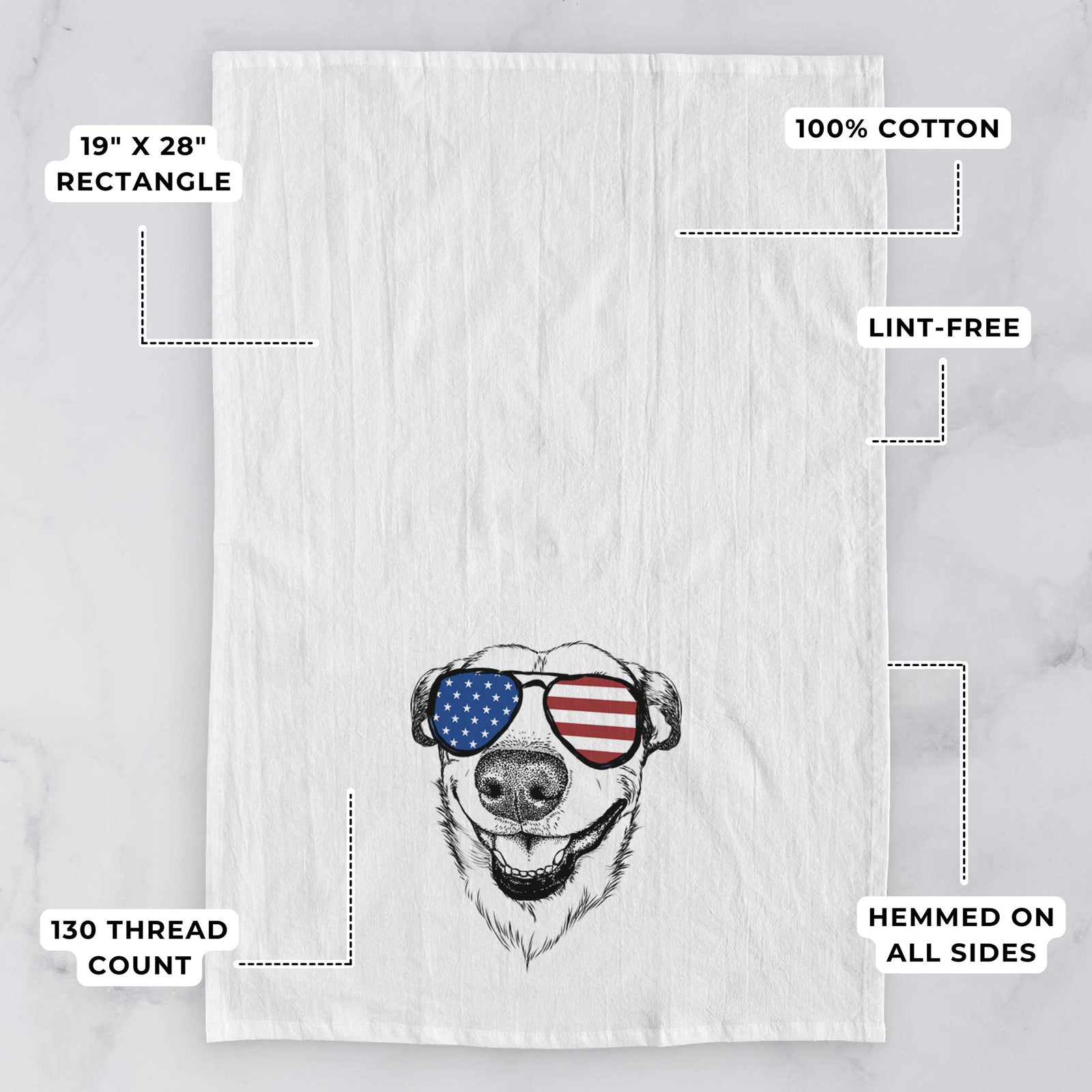 Hand-drawn sketch of Petrah the Staffy Mix wearing American flag sunglasses on a tea towel, with feature callouts: 19 x 28 inch rectangle, 100% cotton, lint-free, 120 thread count, hemmed on all sides