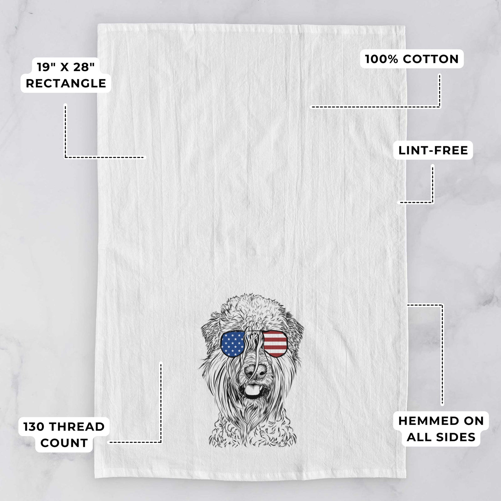 Hand-drawn sketch of Pierre the Soft Coated Wheaten Terrier wearing American flag sunglasses on a tea towel, with feature callouts: 19 x 28 inch rectangle, 100% cotton, lint-free, 120 thread count, hemmed on all sides