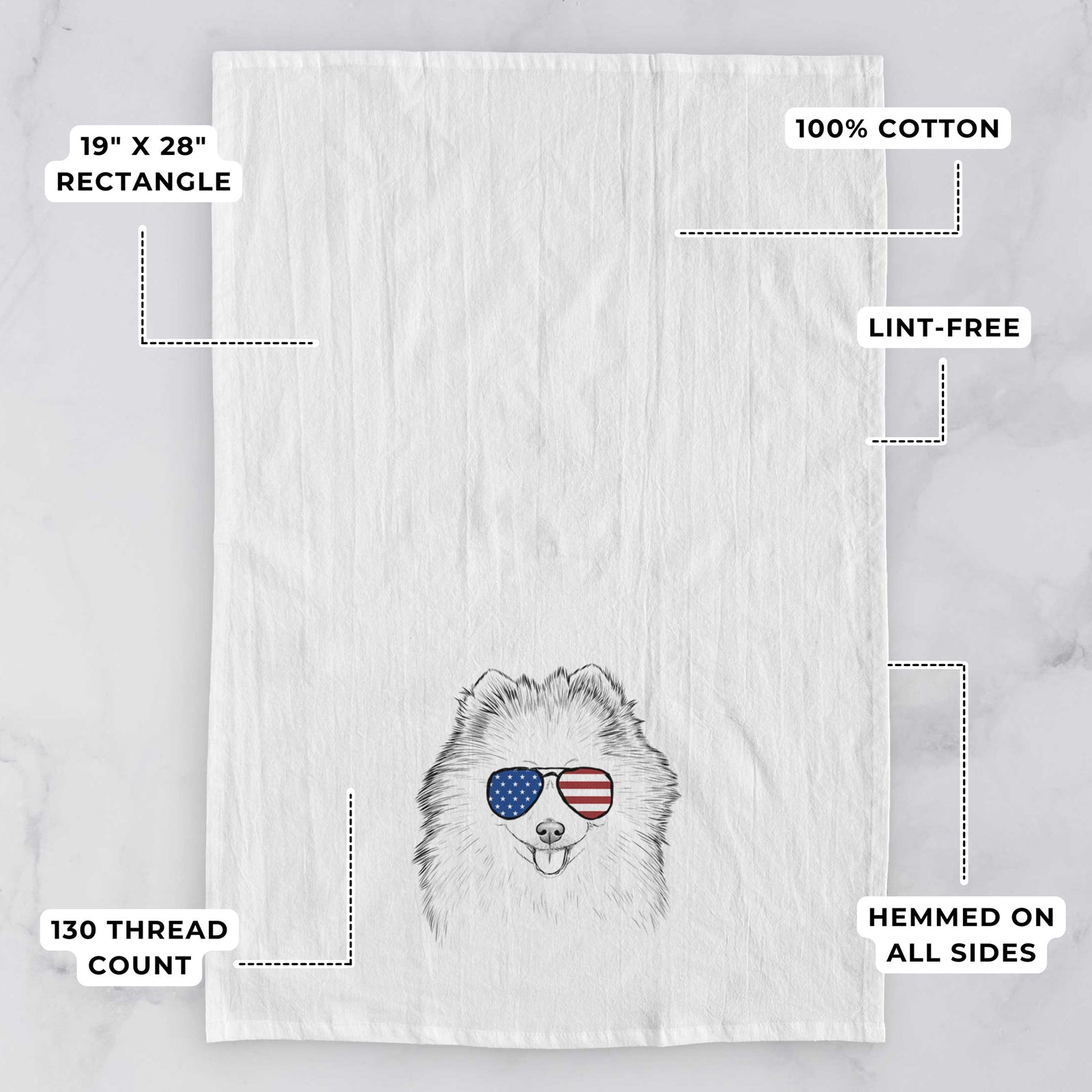 Hand-drawn sketch of Piper Jo the Pomeranian wearing American flag sunglasses on a tea towel, with feature callouts: 19 x 28 inch rectangle, 100% cotton, lint-free, 120 thread count, hemmed on all sides