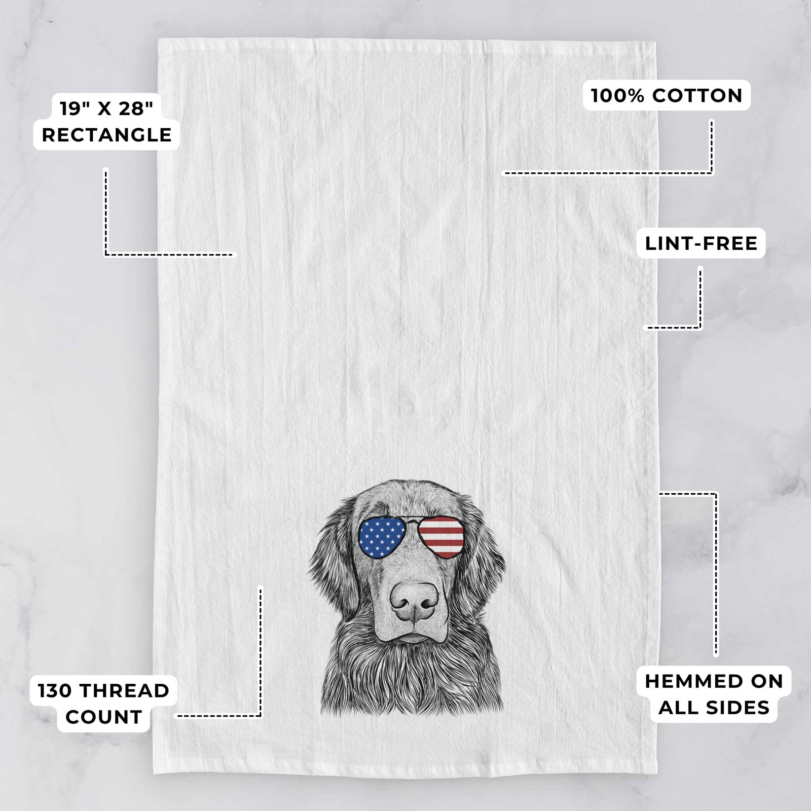 Hand-drawn sketch of Pippin the Flat Coated Retriever wearing American flag sunglasses on a tea towel, with feature callouts: 19 x 28 inch rectangle, 100% cotton, lint-free, 120 thread count, hemmed on all sides