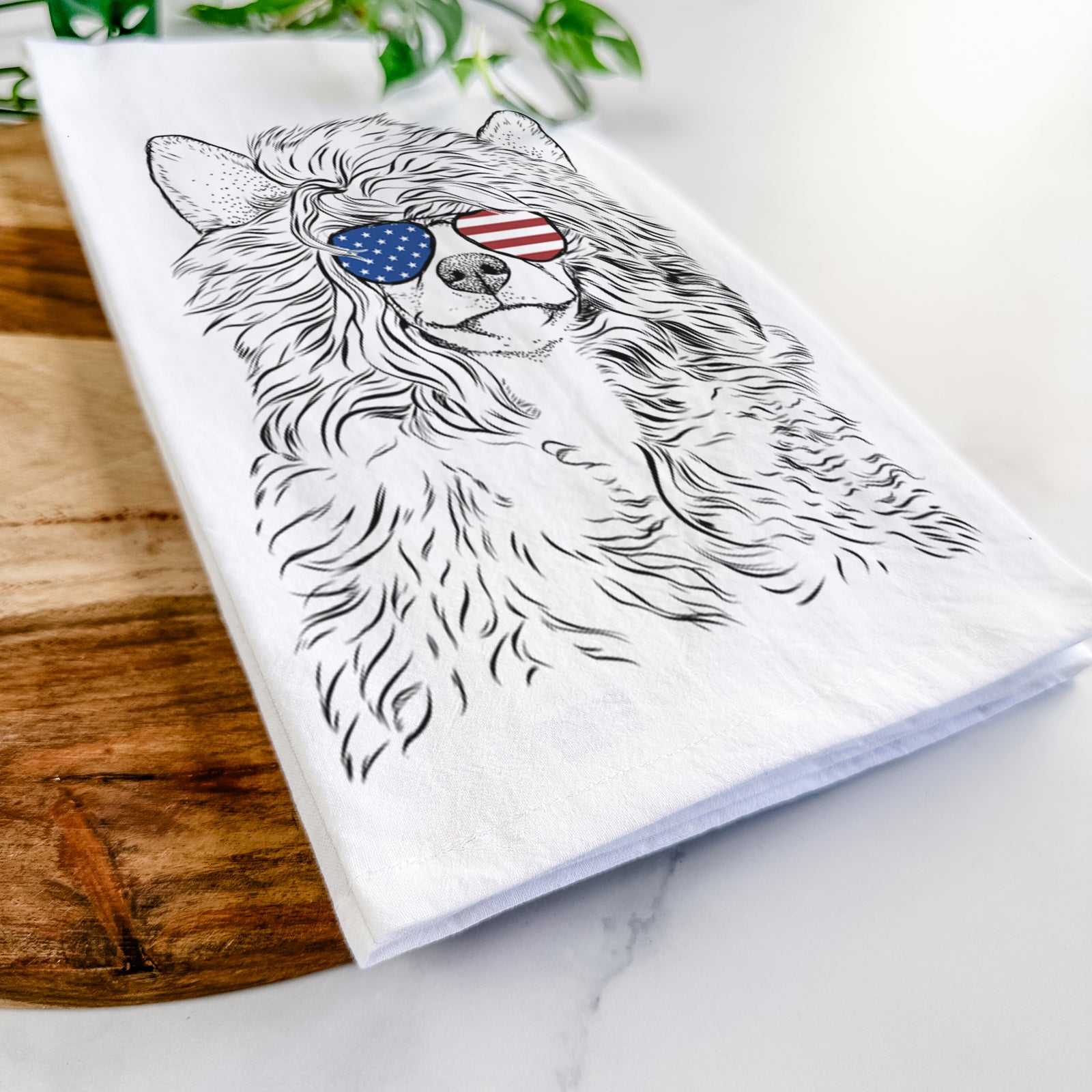 Hand-drawn sketch of Preston the Powderpuff Chinese Crested wearing American flag sunglasses on a tea towel