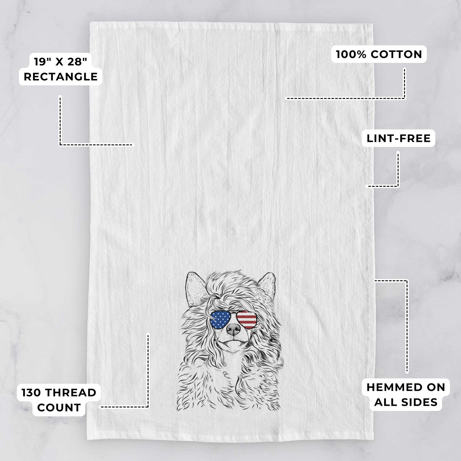 Hand-drawn sketch of Preston the Powderpuff Chinese Crested wearing American flag sunglasses on a tea towel, with feature callouts: 19 x 28 inch rectangle, 100% cotton, lint-free, 120 thread count, hemmed on all sides