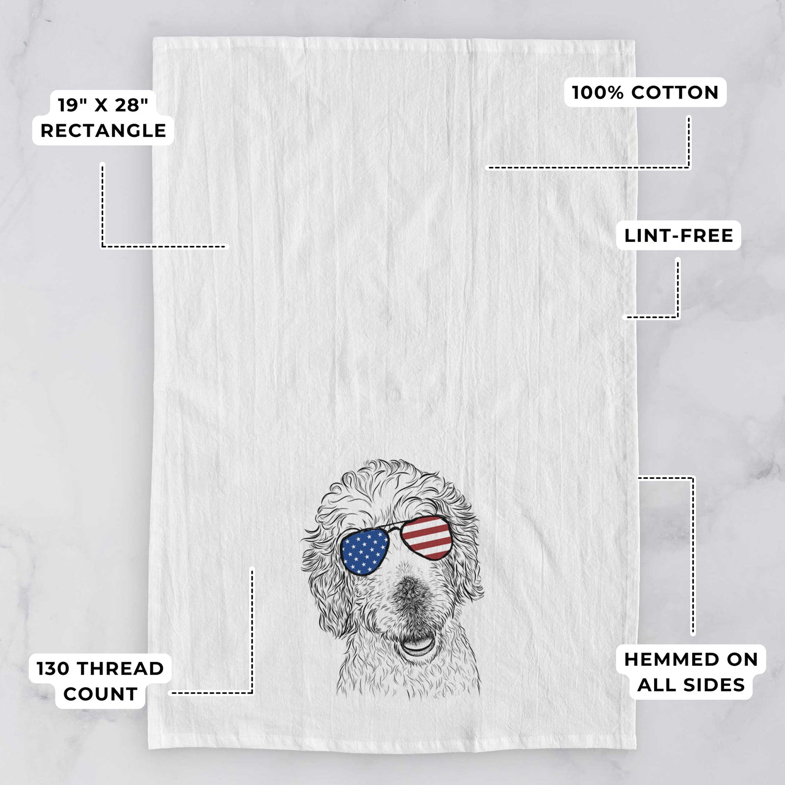 Hand-drawn sketch of Preston the Labradoodle wearing American flag sunglasses on a tea towel, with feature callouts: 19 x 28 inch rectangle, 100% cotton, lint-free, 120 thread count, hemmed on all sides