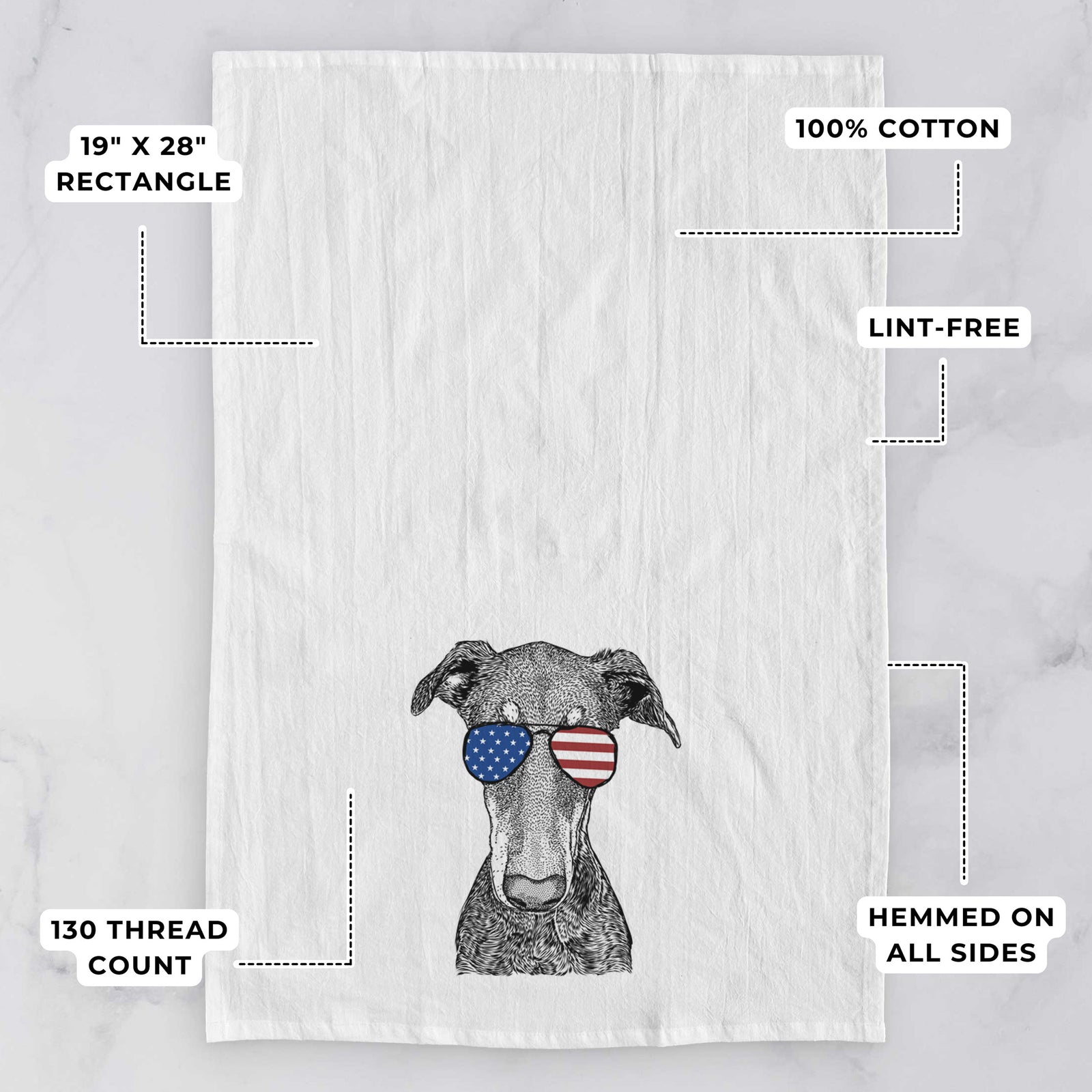 Hand-drawn sketch of Princess Fiona the Doberman Pinscher wearing American flag sunglasses on a tea towel, with feature callouts: 19 x 28 inch rectangle, 100% cotton, lint-free, 120 thread count, hemmed on all sides