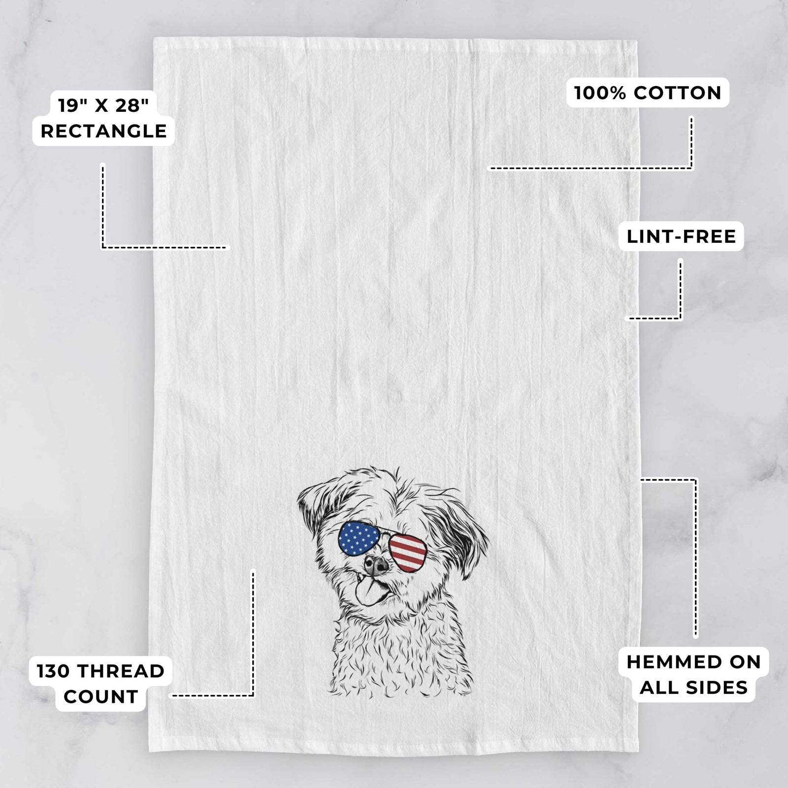 Hand-drawn sketch of Puff the Malshi wearing American flag sunglasses on a tea towel, with feature callouts: 19 x 28 inch rectangle, 100% cotton, lint-free, 120 thread count, hemmed on all sides