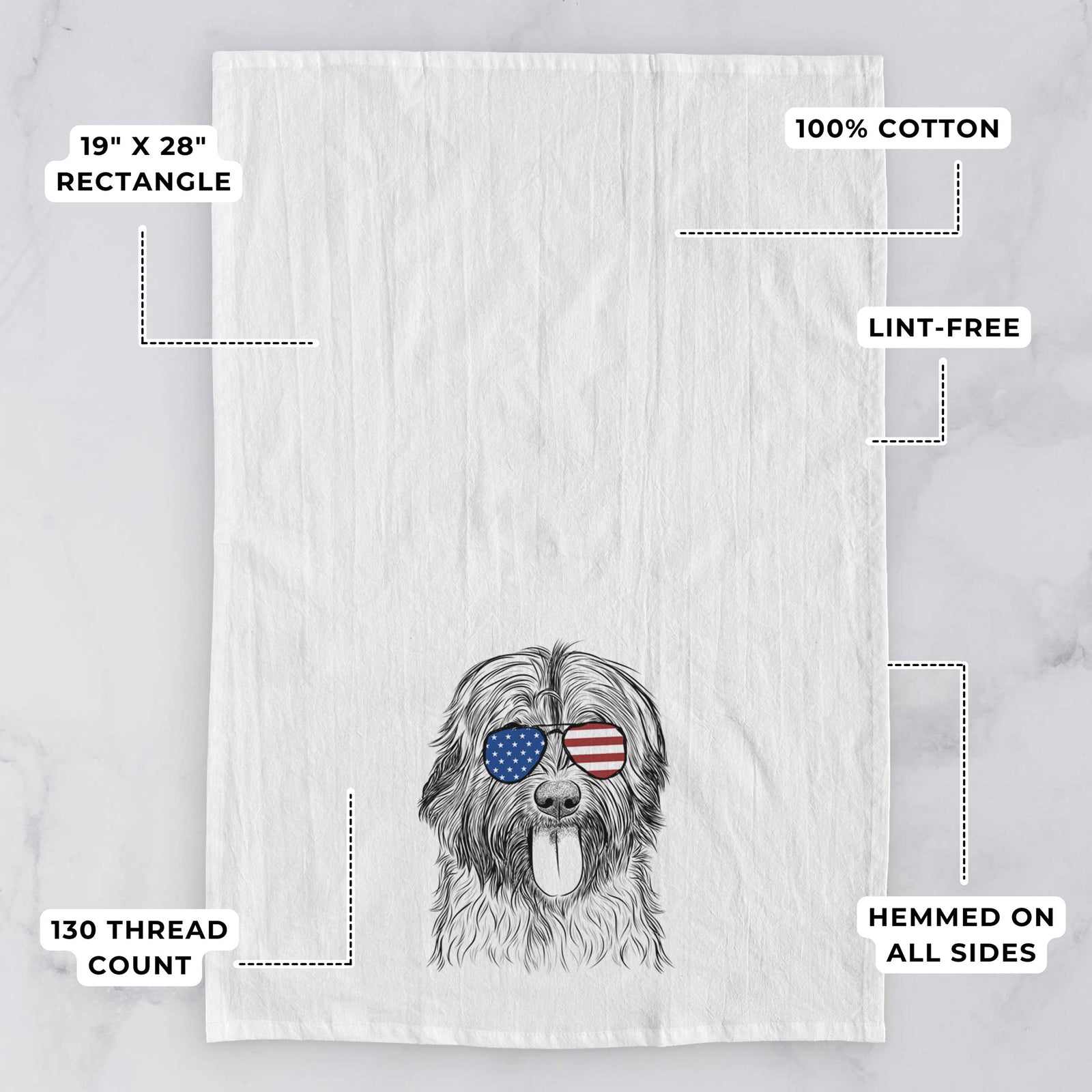 Hand-drawn sketch of Puig the Catalan Sheepdog wearing American flag sunglasses on a tea towel, with feature callouts: 19 x 28 inch rectangle, 100% cotton, lint-free, 120 thread count, hemmed on all sides