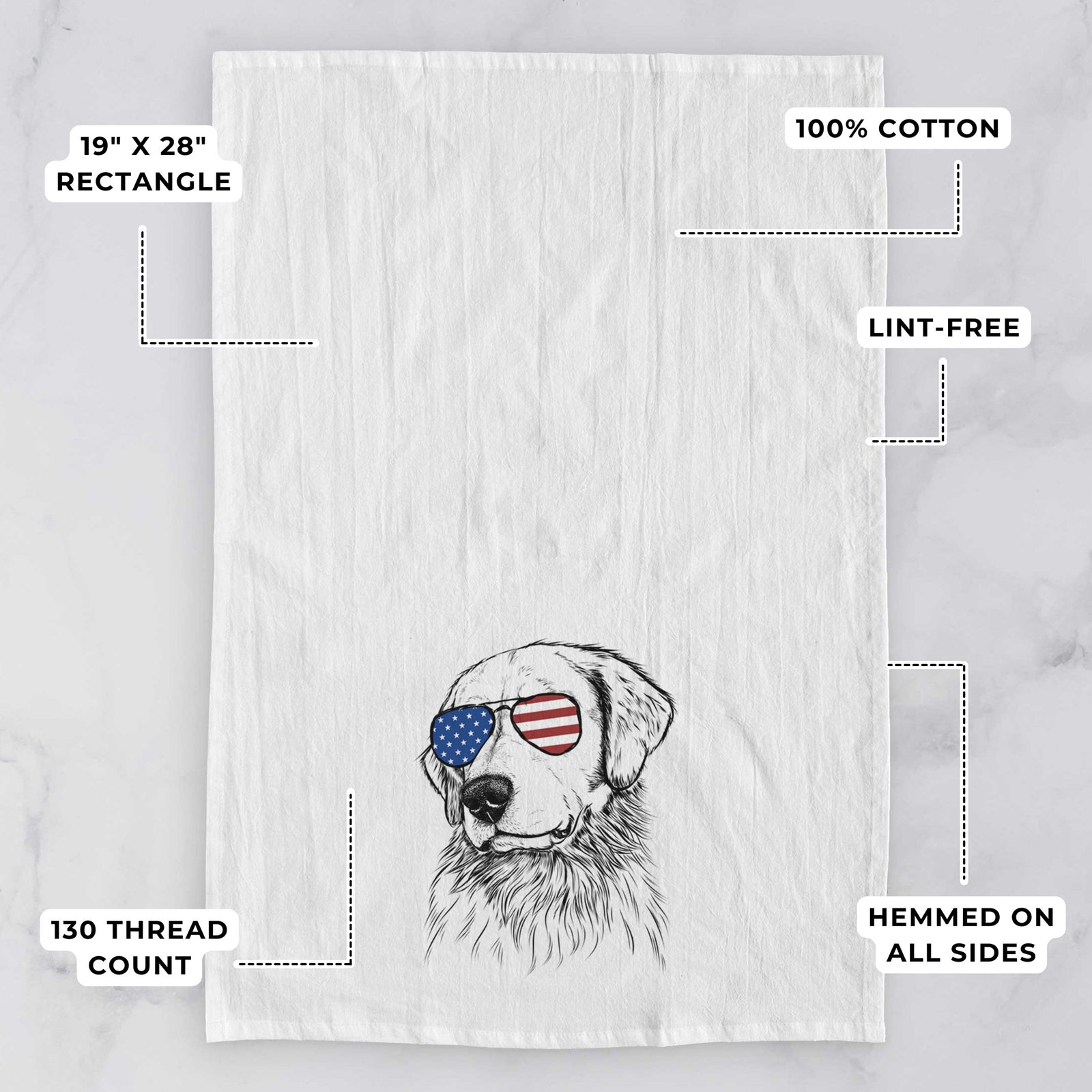 Hand-drawn sketch of Quinn the Golden Retriever wearing American flag sunglasses on a tea towel, with feature callouts: 19 x 28 inch rectangle, 100% cotton, lint-free, 120 thread count, hemmed on all sides