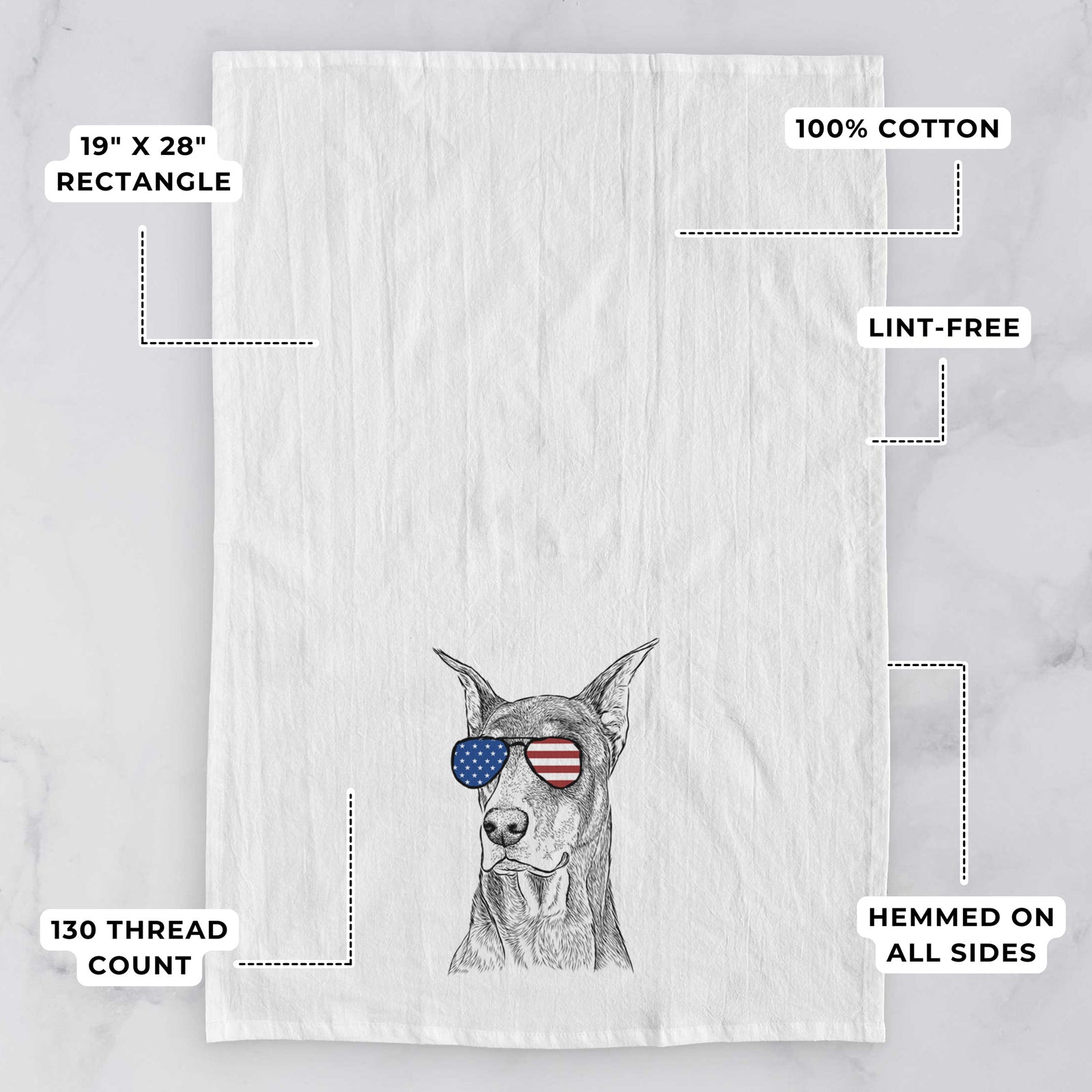 Hand-drawn sketch of RJ the Doberman Pinscher wearing American flag sunglasses on a tea towel, with feature callouts: 19 x 28 inch rectangle, 100% cotton, lint-free, 120 thread count, hemmed on all sides