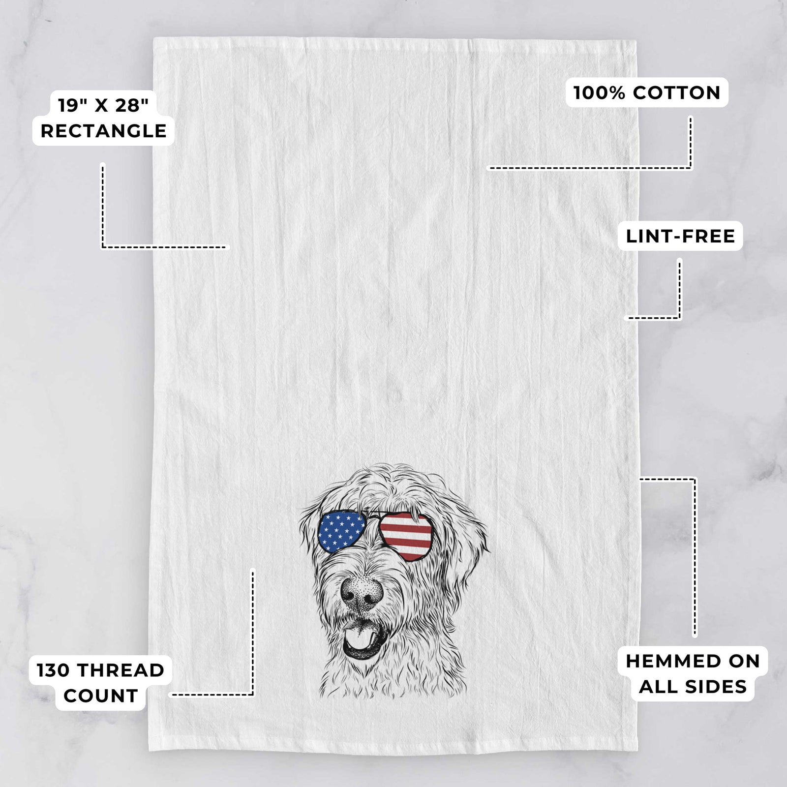 Hand-drawn sketch of Ragnar the Irish Wolfhound wearing American flag sunglasses on a tea towel, with feature callouts: 19 x 28 inch rectangle, 100% cotton, lint-free, 120 thread count, hemmed on all sides
