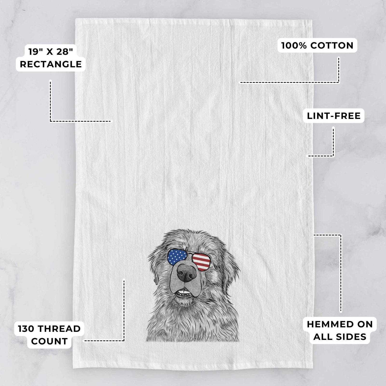 Hand-drawn sketch of Ralph the Leonberger wearing American flag sunglasses on a tea towel, with feature callouts: 19 x 28 inch rectangle, 100% cotton, lint-free, 120 thread count, hemmed on all sides