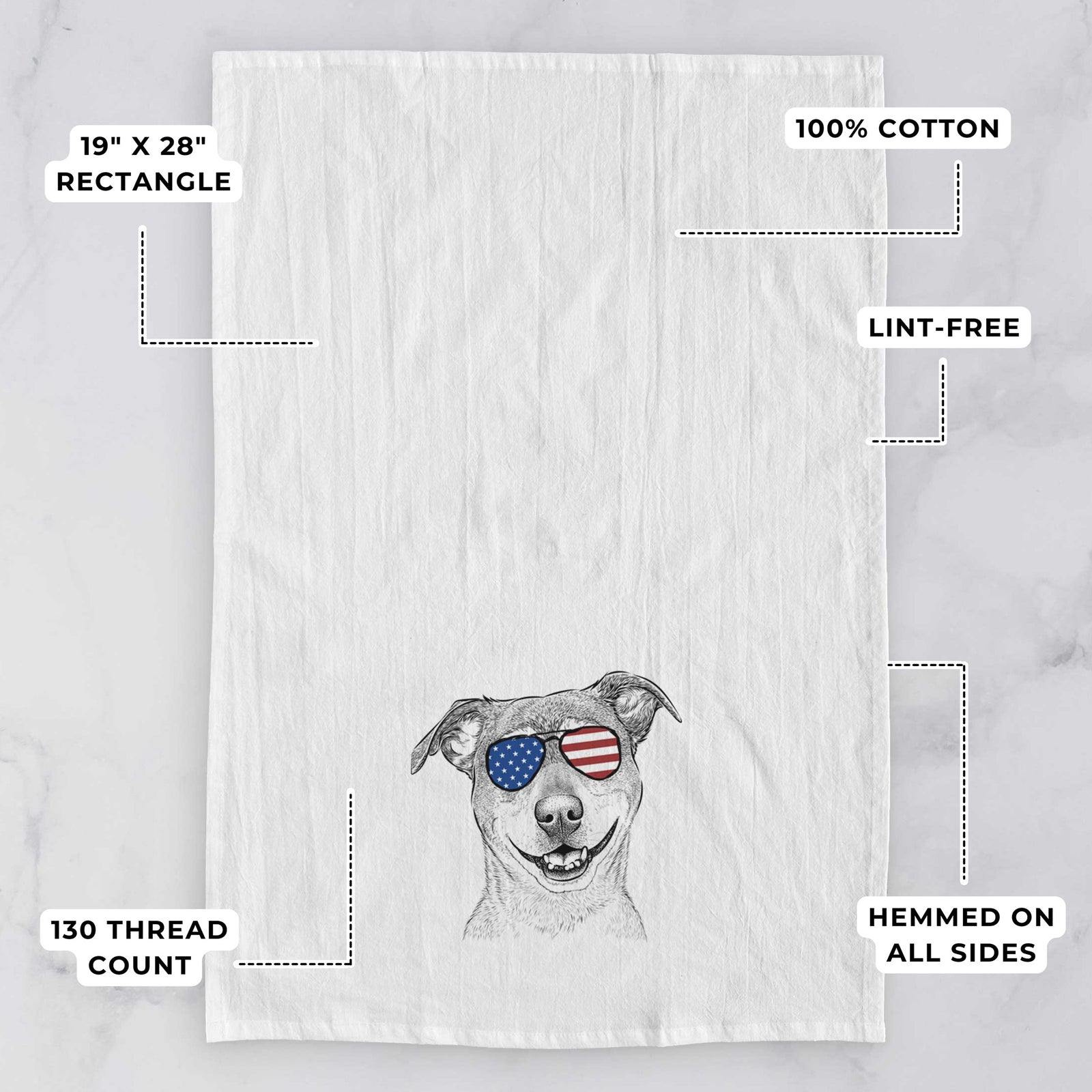 Hand-drawn sketch of Reese the Mountain Cur wearing American flag sunglasses on a tea towel, with feature callouts: 19 x 28 inch rectangle, 100% cotton, lint-free, 120 thread count, hemmed on all sides
