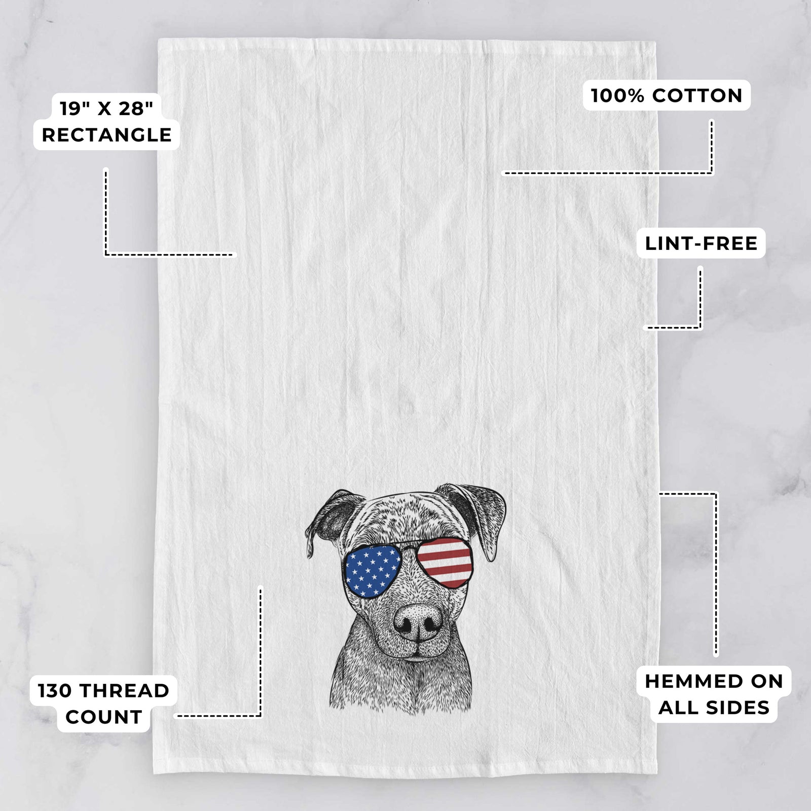 Hand-drawn sketch of Reeses the Pitbull wearing American flag sunglasses on a tea towel, with feature callouts: 19 x 28 inch rectangle, 100% cotton, lint-free, 120 thread count, hemmed on all sides