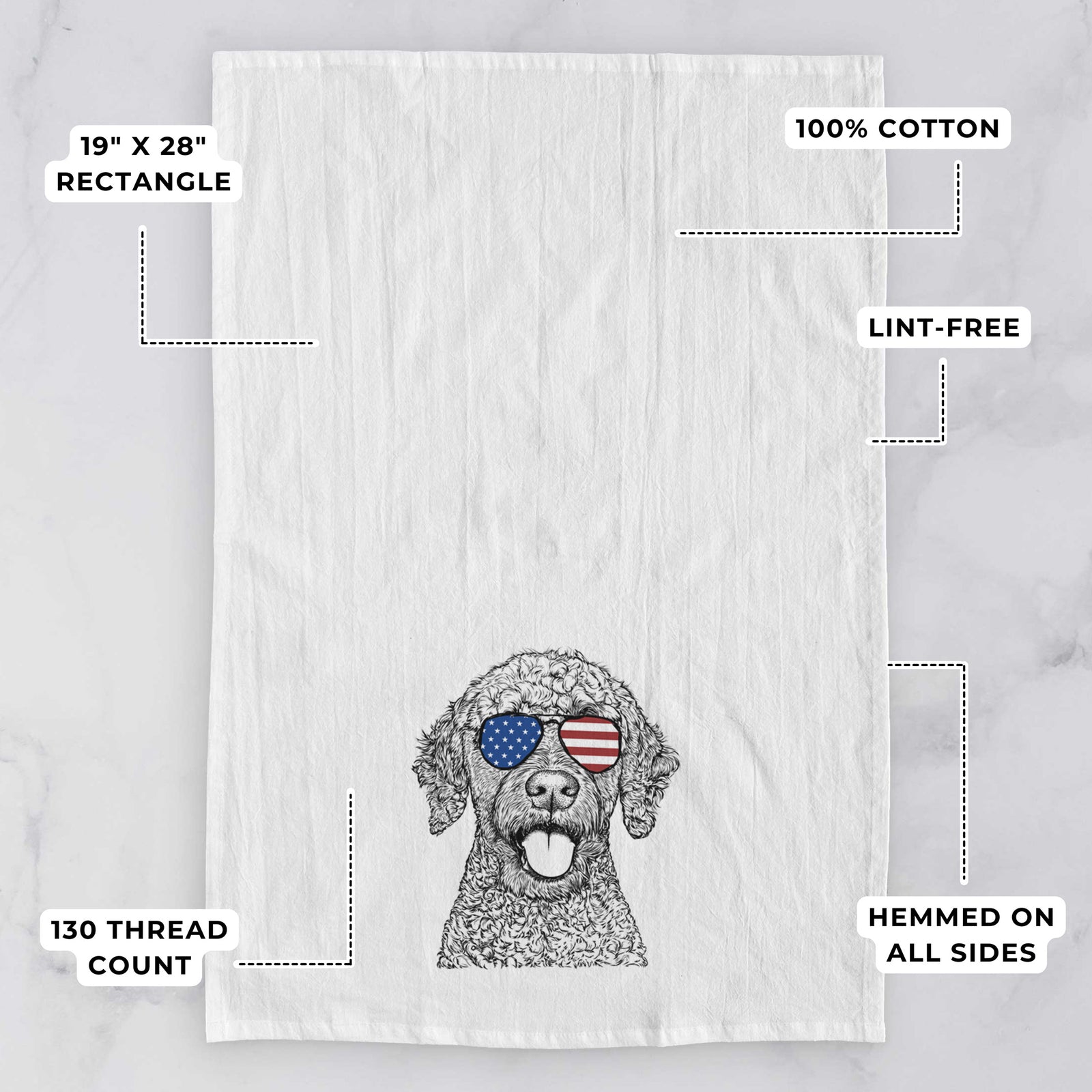Hand-drawn sketch of Reina the Spanish Water Dog wearing American flag sunglasses on a tea towel, with feature callouts: 19 x 28 inch rectangle, 100% cotton, lint-free, 120 thread count, hemmed on all sides