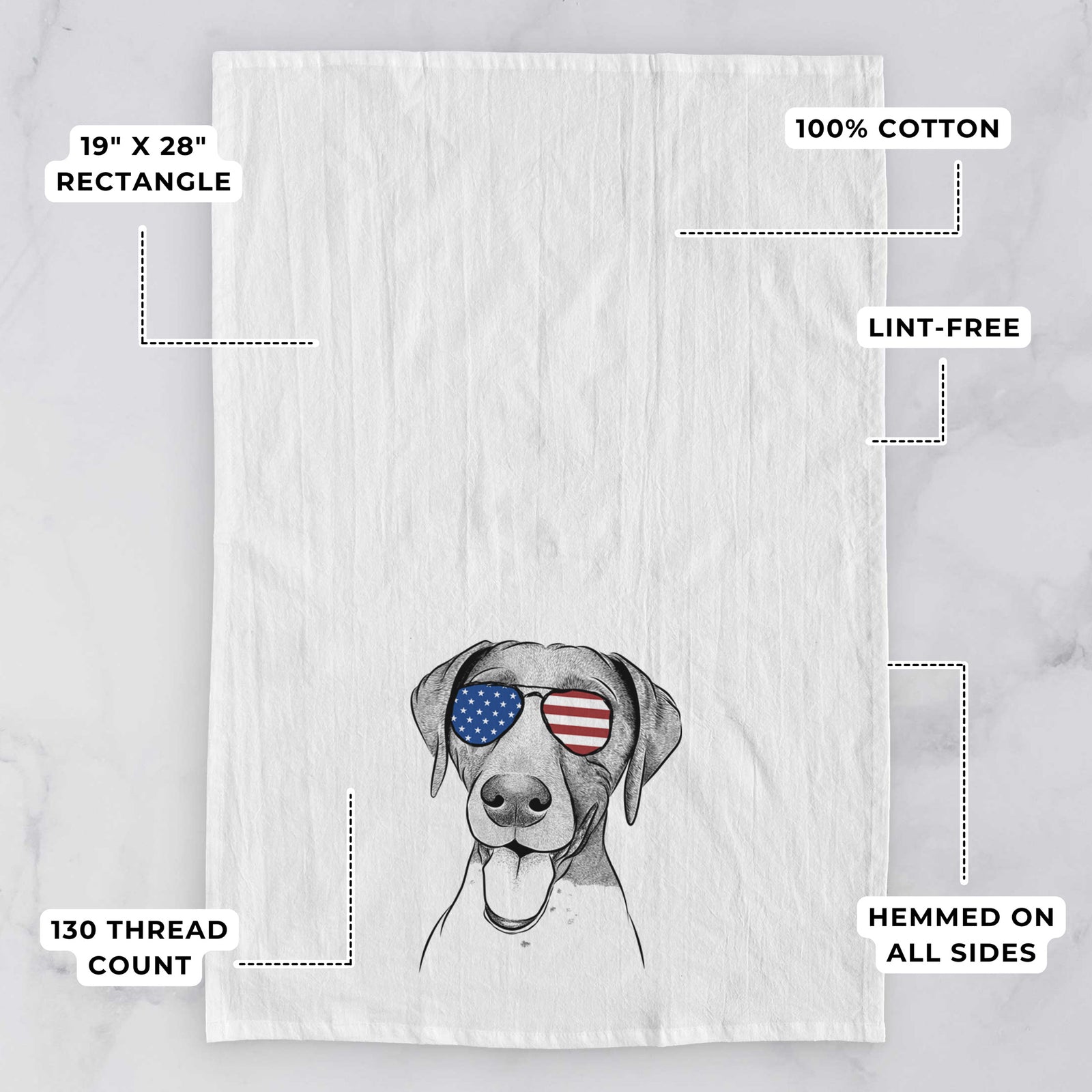 Hand-drawn sketch of Remi the German Shorthaired Pointer wearing American flag sunglasses on a tea towel, with feature callouts: 19 x 28 inch rectangle, 100% cotton, lint-free, 120 thread count, hemmed on all sides