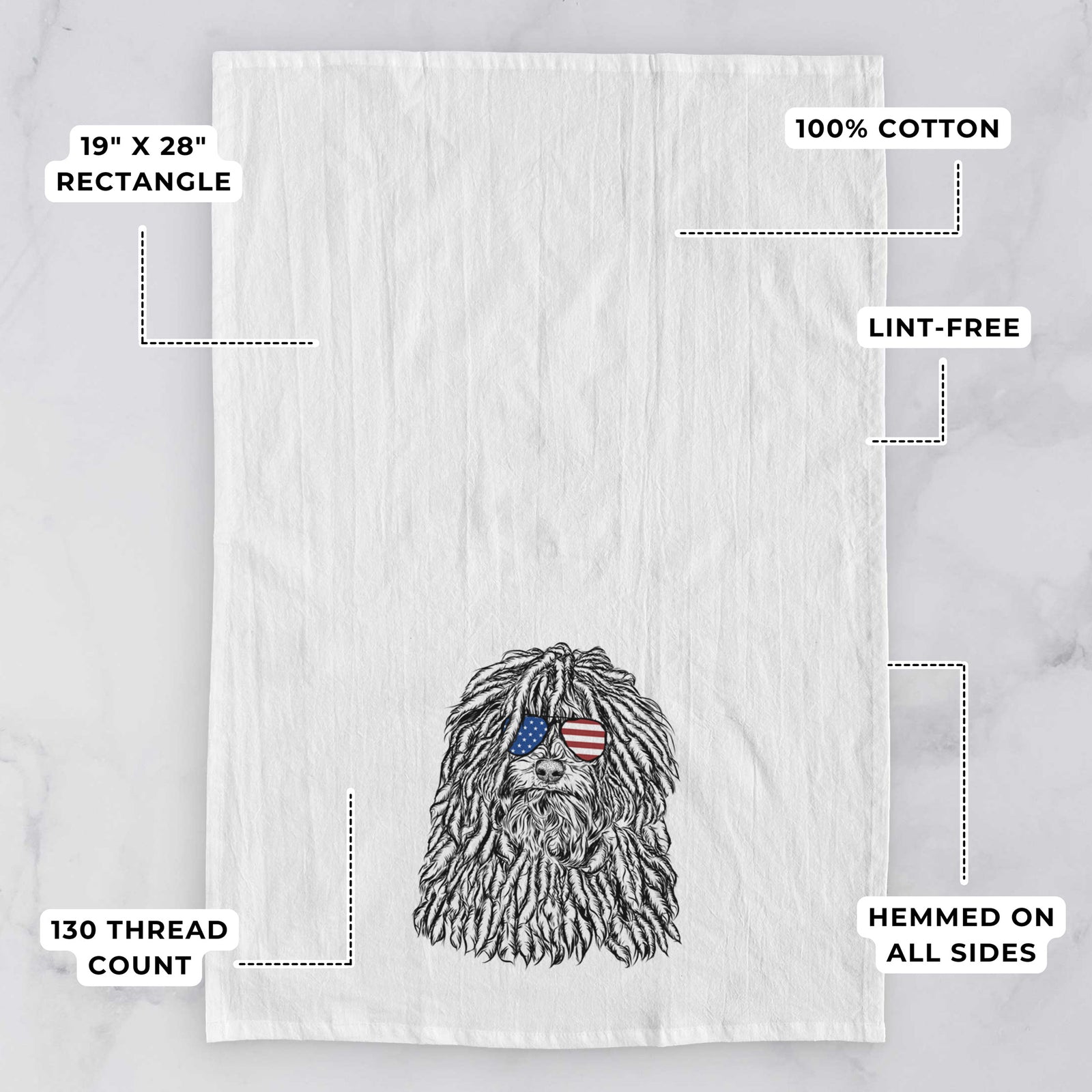 Hand-drawn sketch of Rezi the Puli wearing American flag sunglasses on a tea towel, with feature callouts: 19 x 28 inch rectangle, 100% cotton, lint-free, 120 thread count, hemmed on all sides