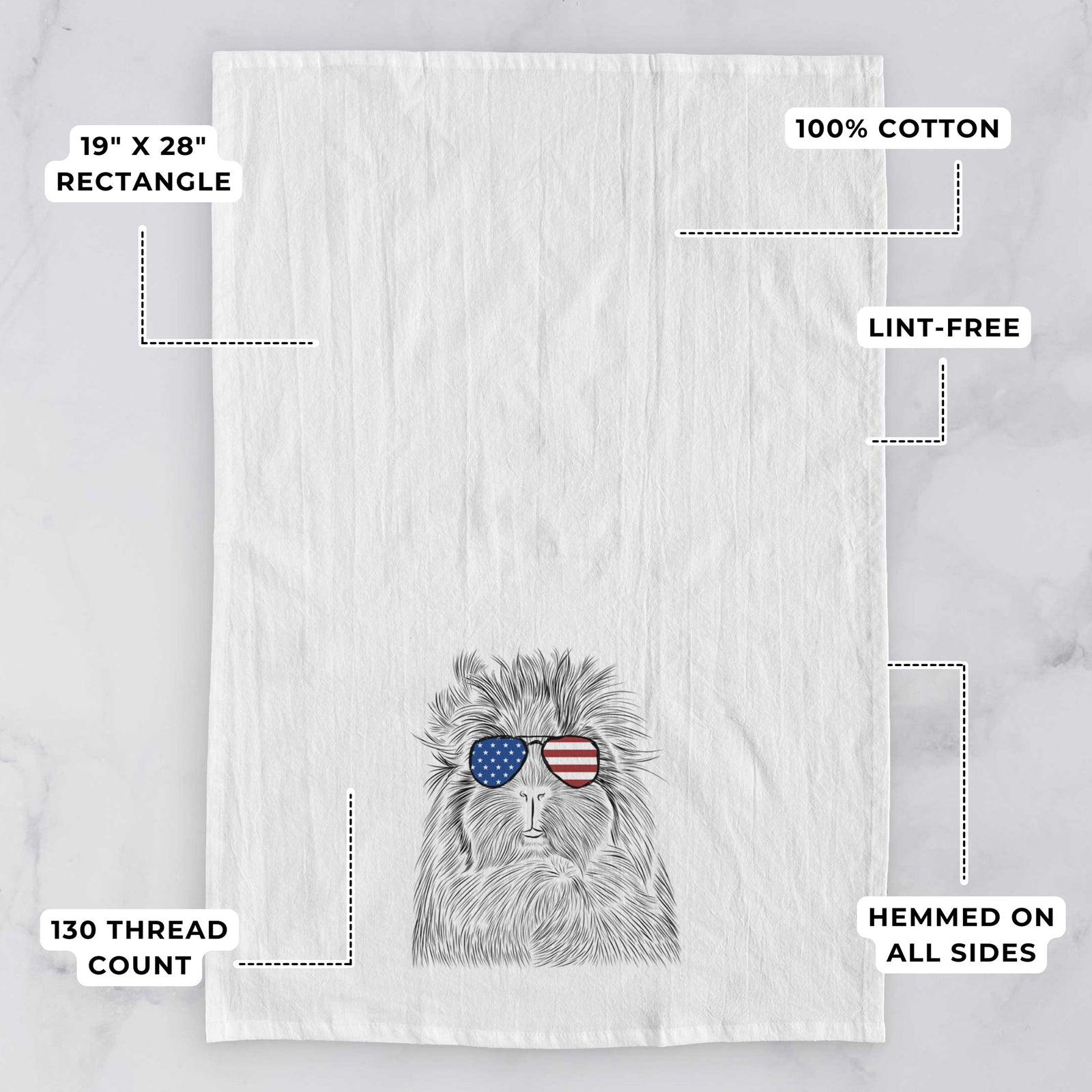 Hand-drawn sketch of Rhino the Guinea Pig wearing American flag sunglasses on a tea towel, with feature callouts: 19 x 28 inch rectangle, 100% cotton, lint-free, 120 thread count, hemmed on all sides