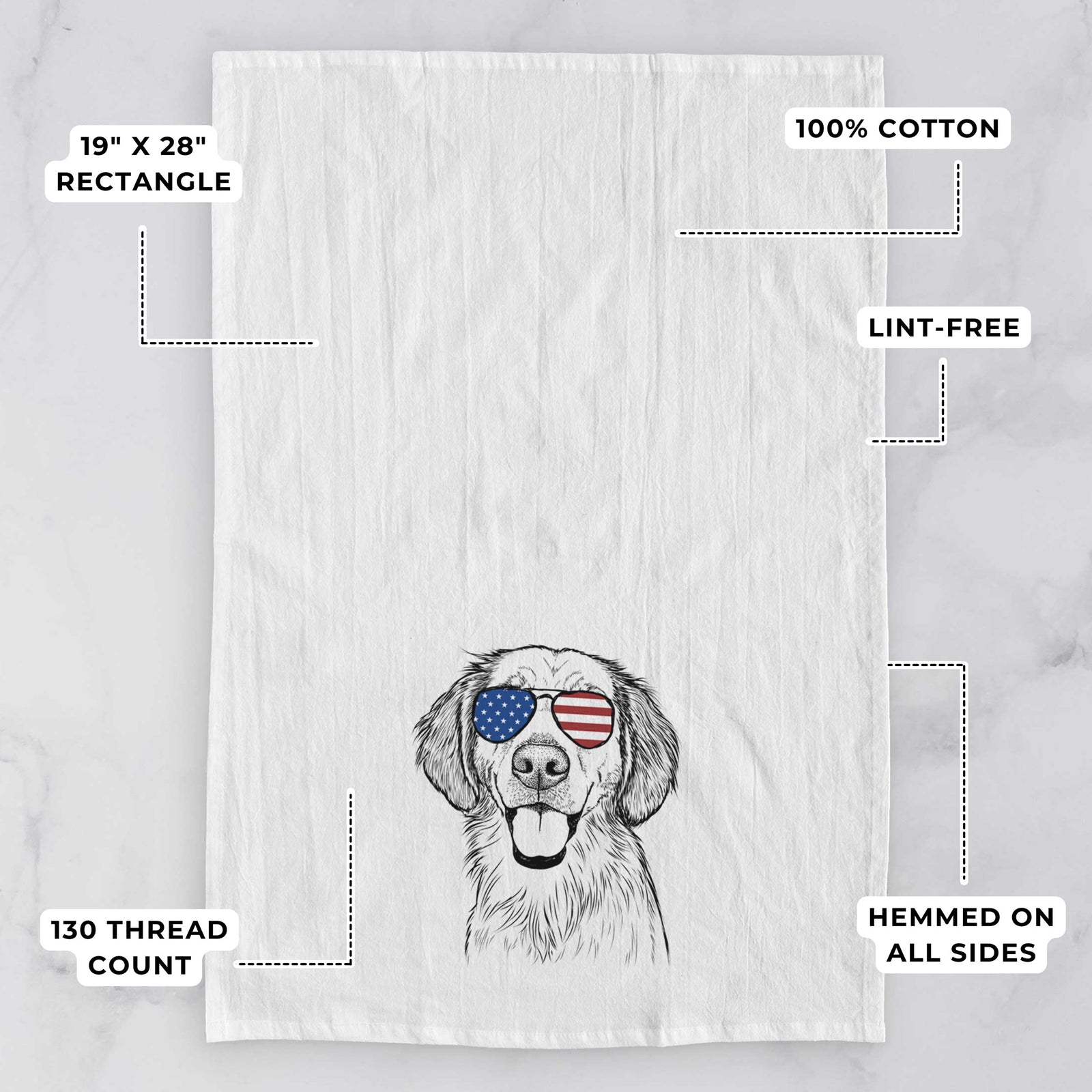 Hand-drawn sketch of Riley the Golden Retriever wearing American flag sunglasses on a tea towel, with feature callouts: 19 x 28 inch rectangle, 100% cotton, lint-free, 120 thread count, hemmed on all sides